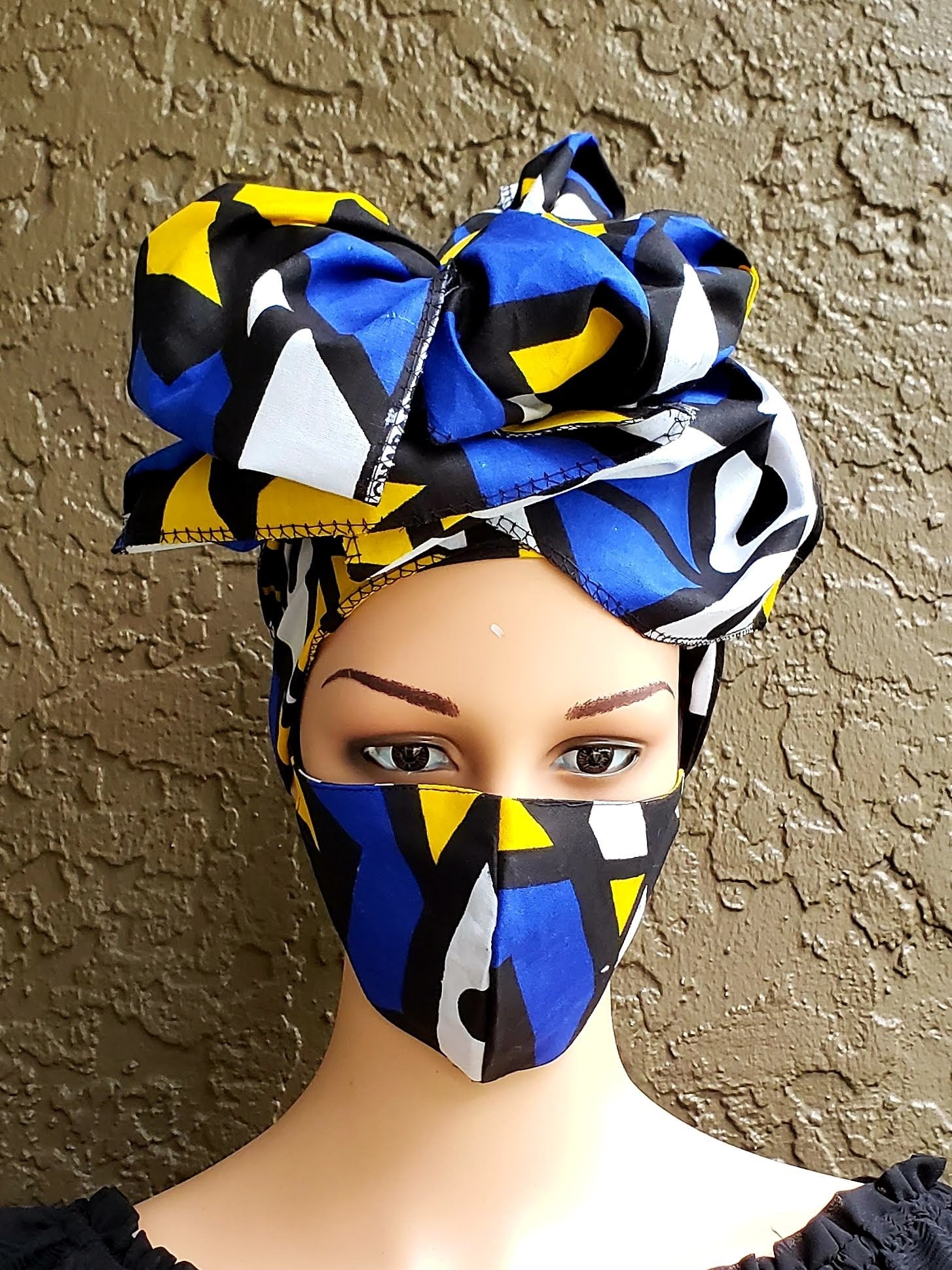Matching Mask-Headwrap Set -Blue Tribal