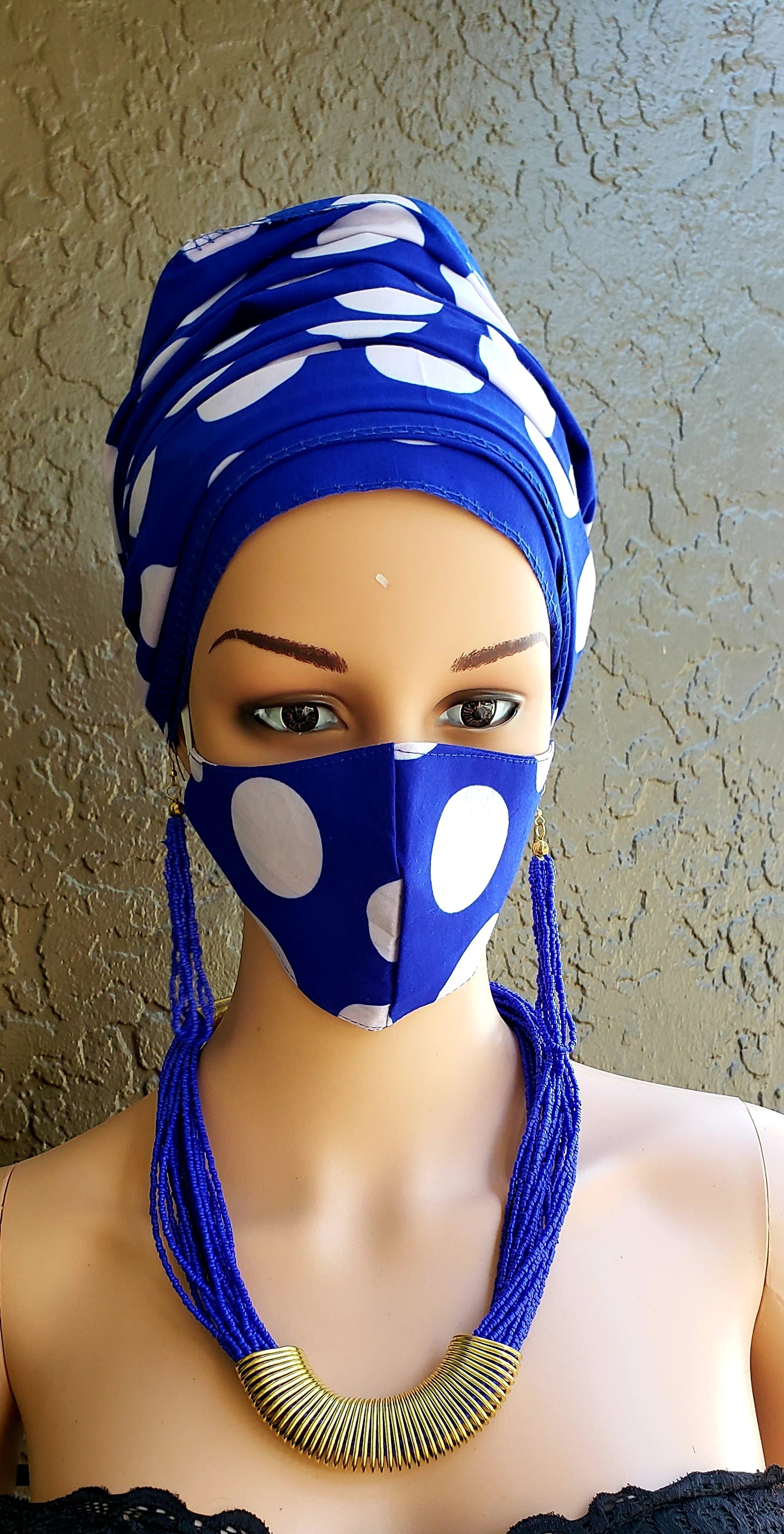 Matching Mask-Headwrap Set - Blue Polkadot
