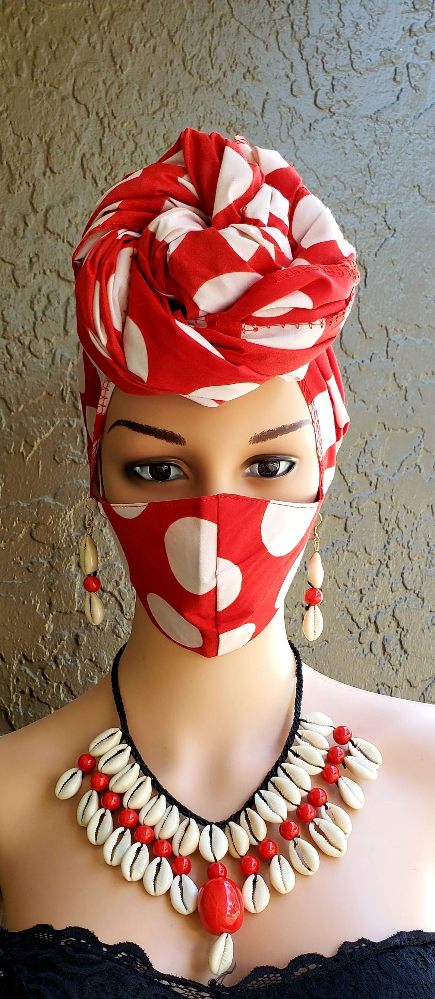 Matching Mask-Headwrap Set -White/Red