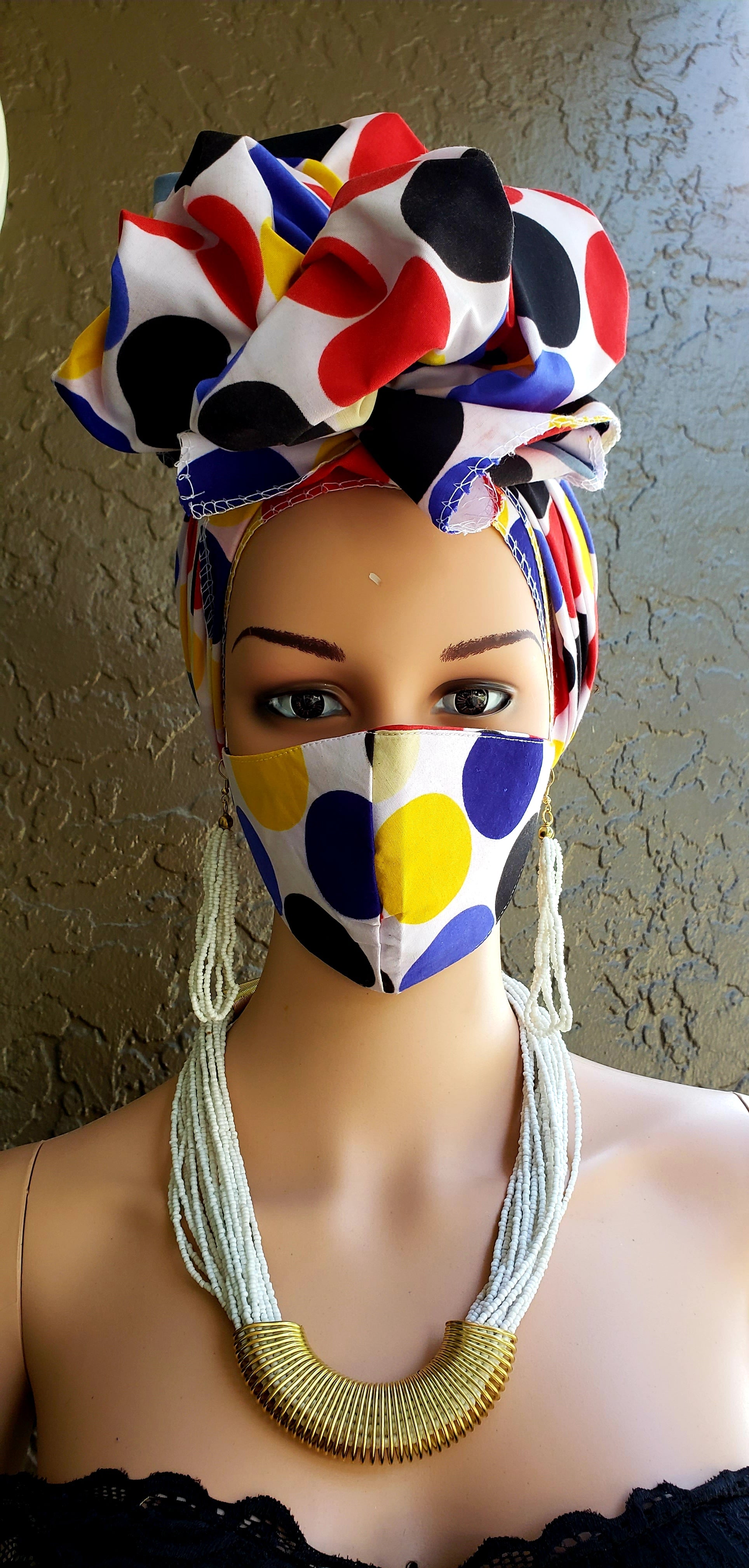 Matching Mask-Headwrap Set - Multi Polkadot