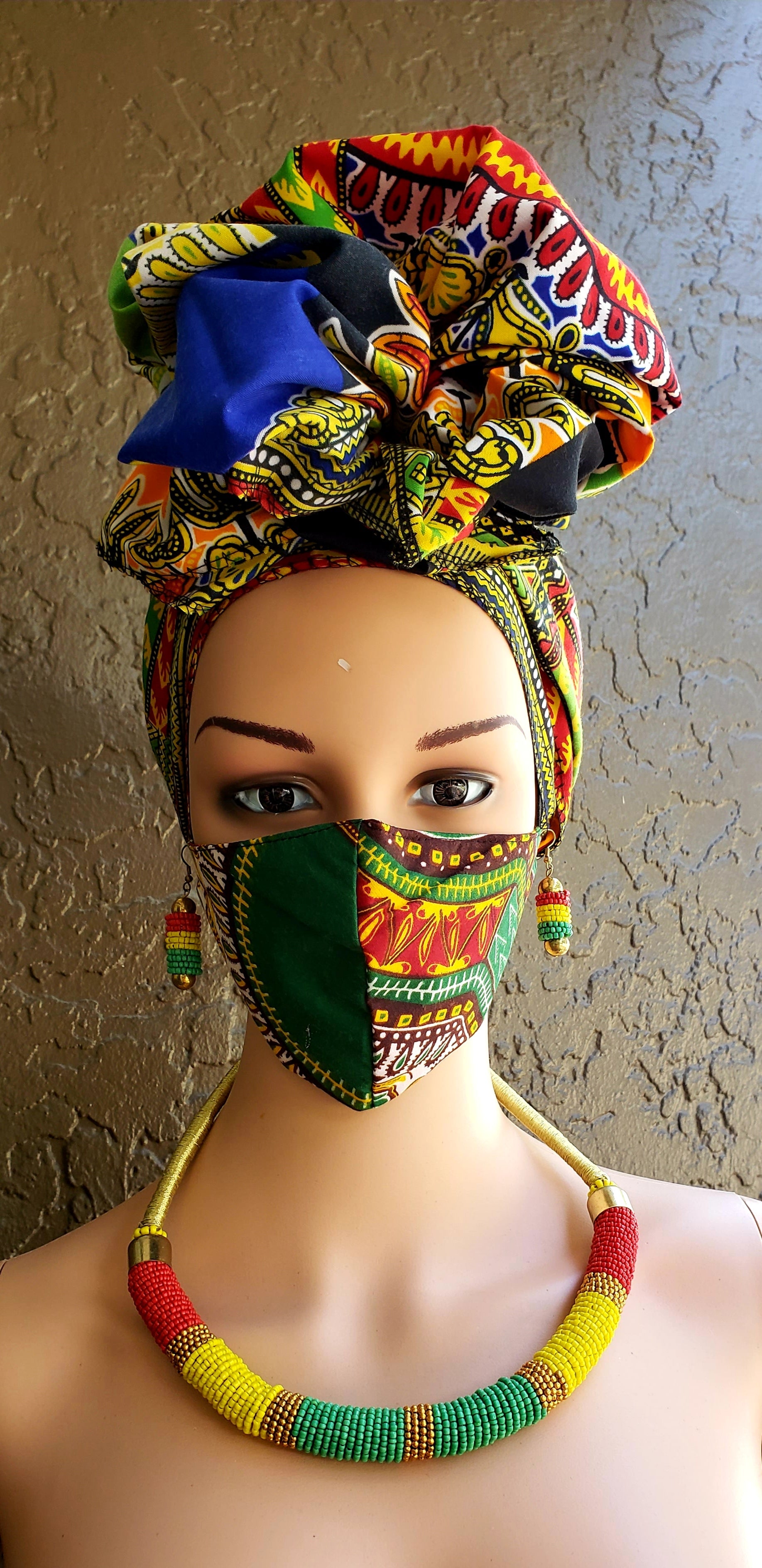 Matching Mask-Headwrap Set - Multi Dashiki