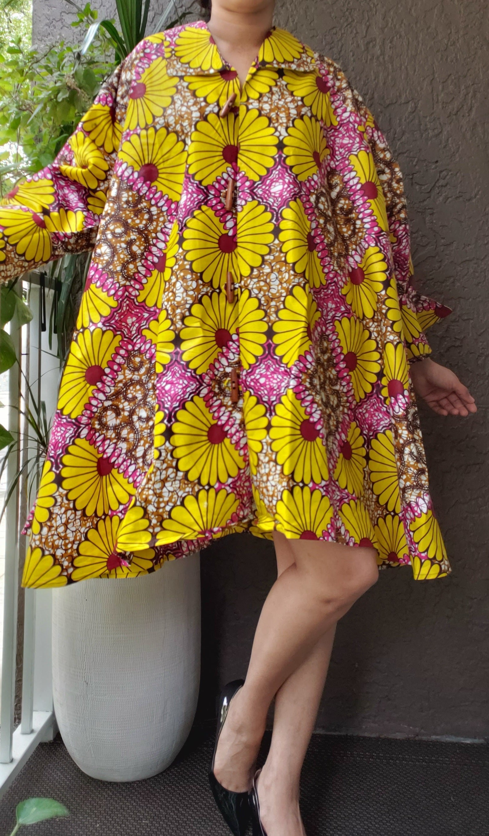 3073 - Women Printed Short Coat Dress / Blouse -Yellow