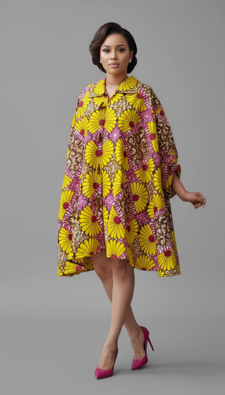 1207- Women Printed Short Coat Dress / Blouse -Yellow