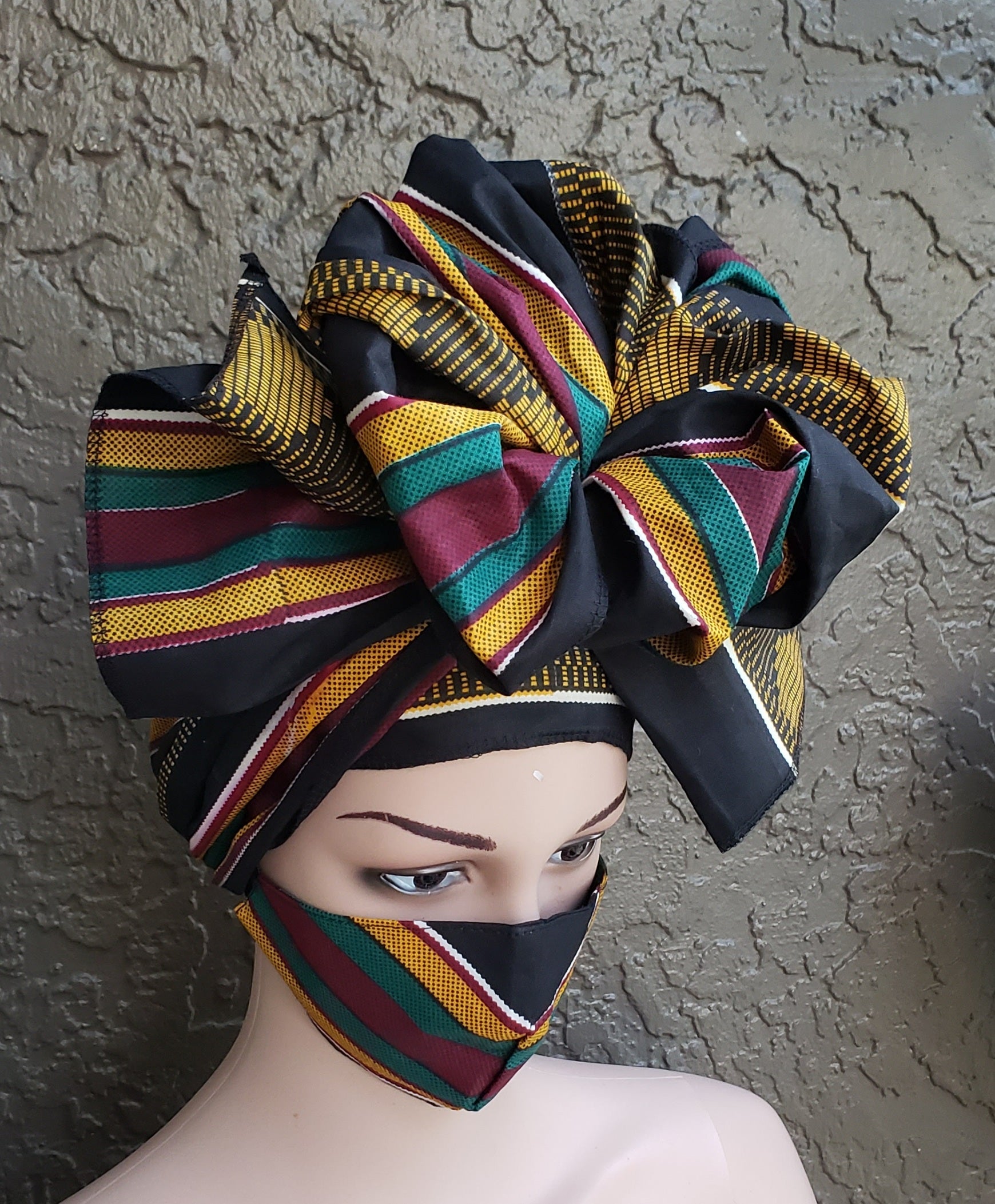 Matching Mask-Headwrap Set - Black /Striped