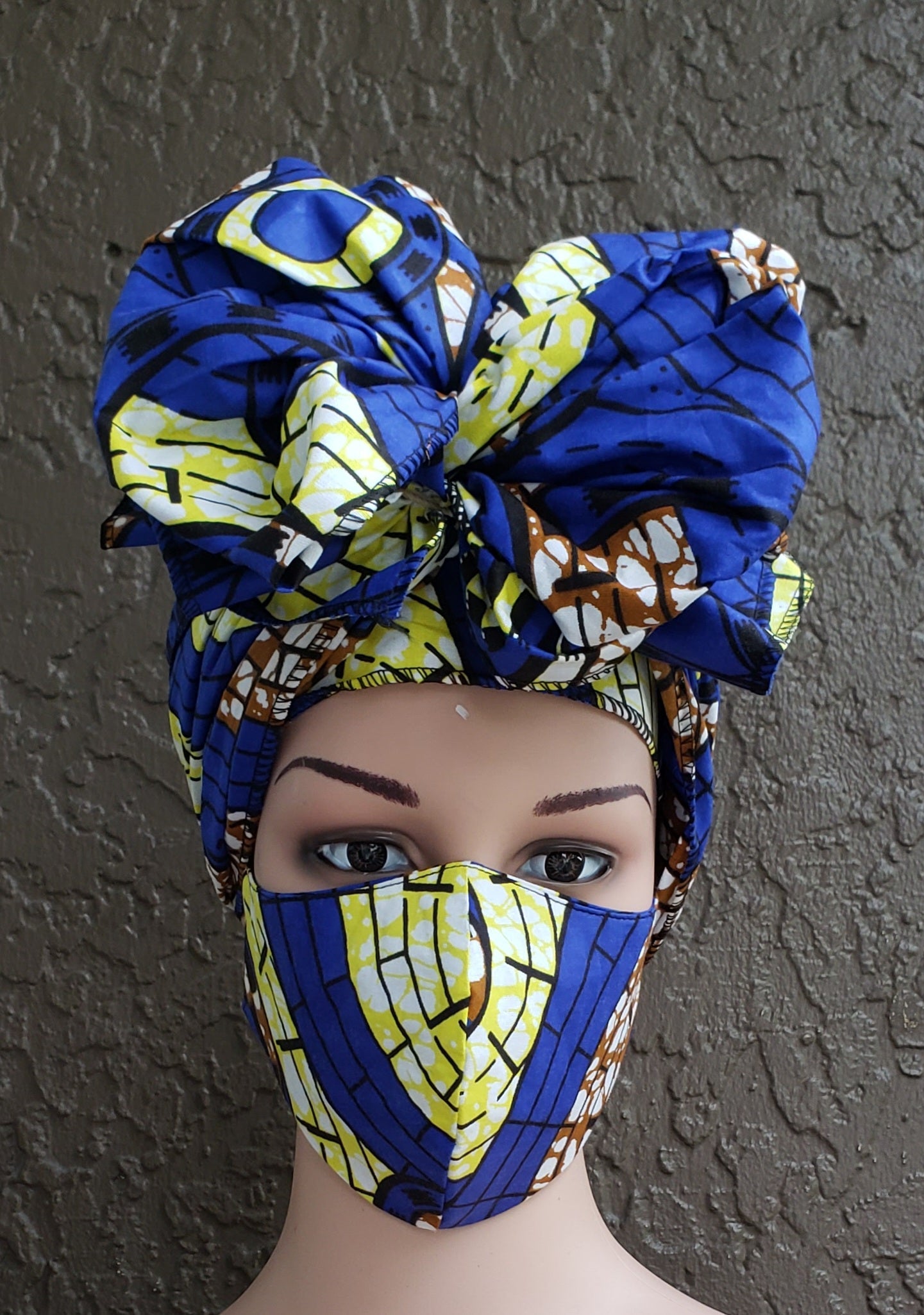 Matching Mask-Headwrap Set - Blue/yellow