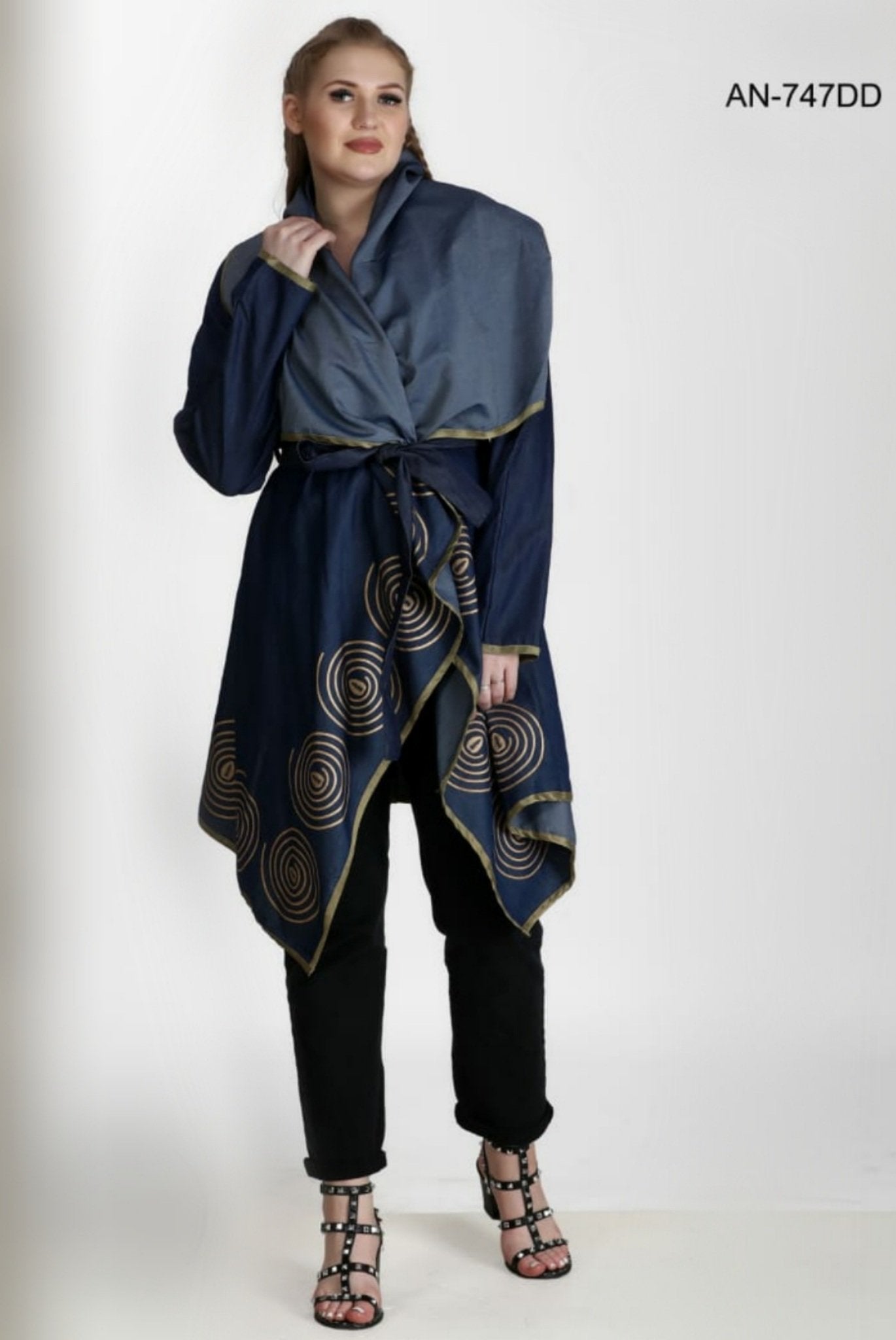 474DD- Women Embossed Asymmetric wrap Coat- BlueDenim