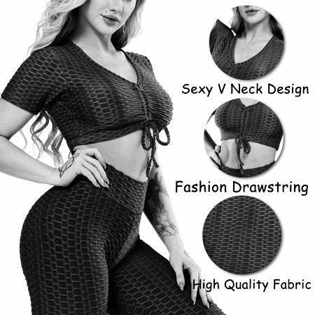 1003- TikTok BBL Long Legging & Crop Top Set/ Honey Comb Solid