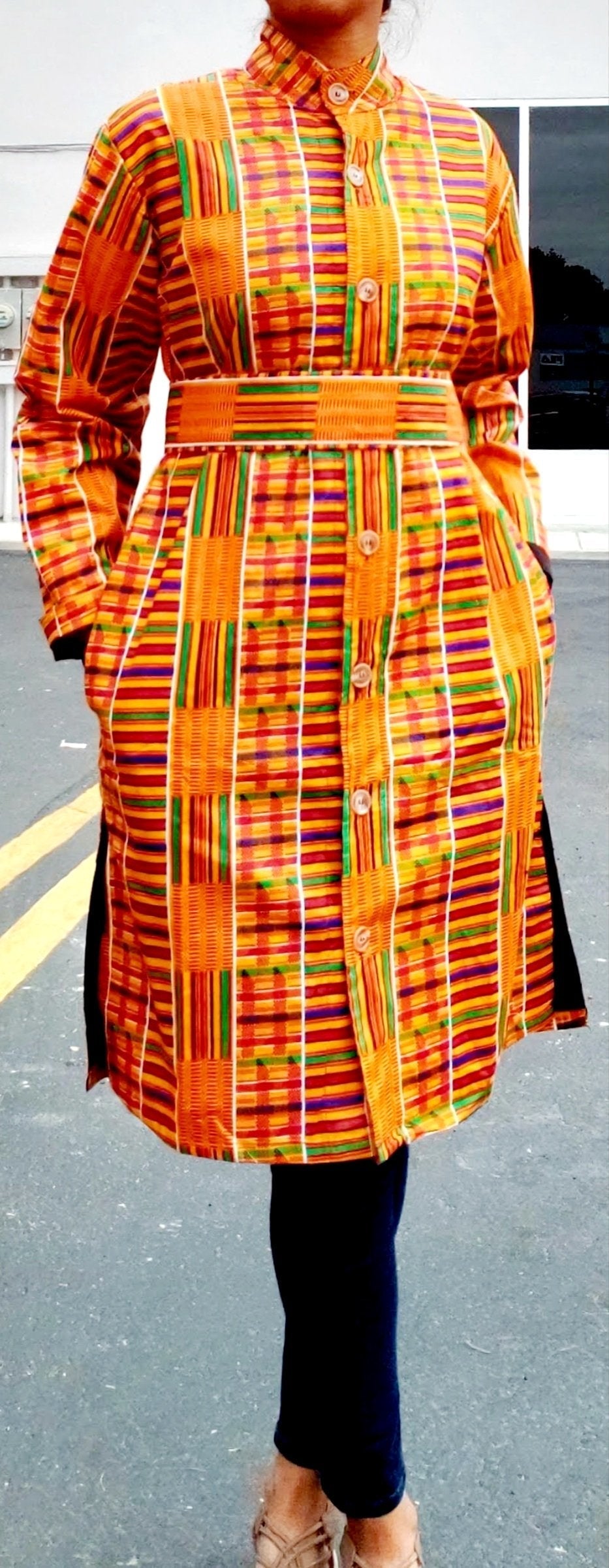 Button Down Dress Coat- Traditional African Kente- 440