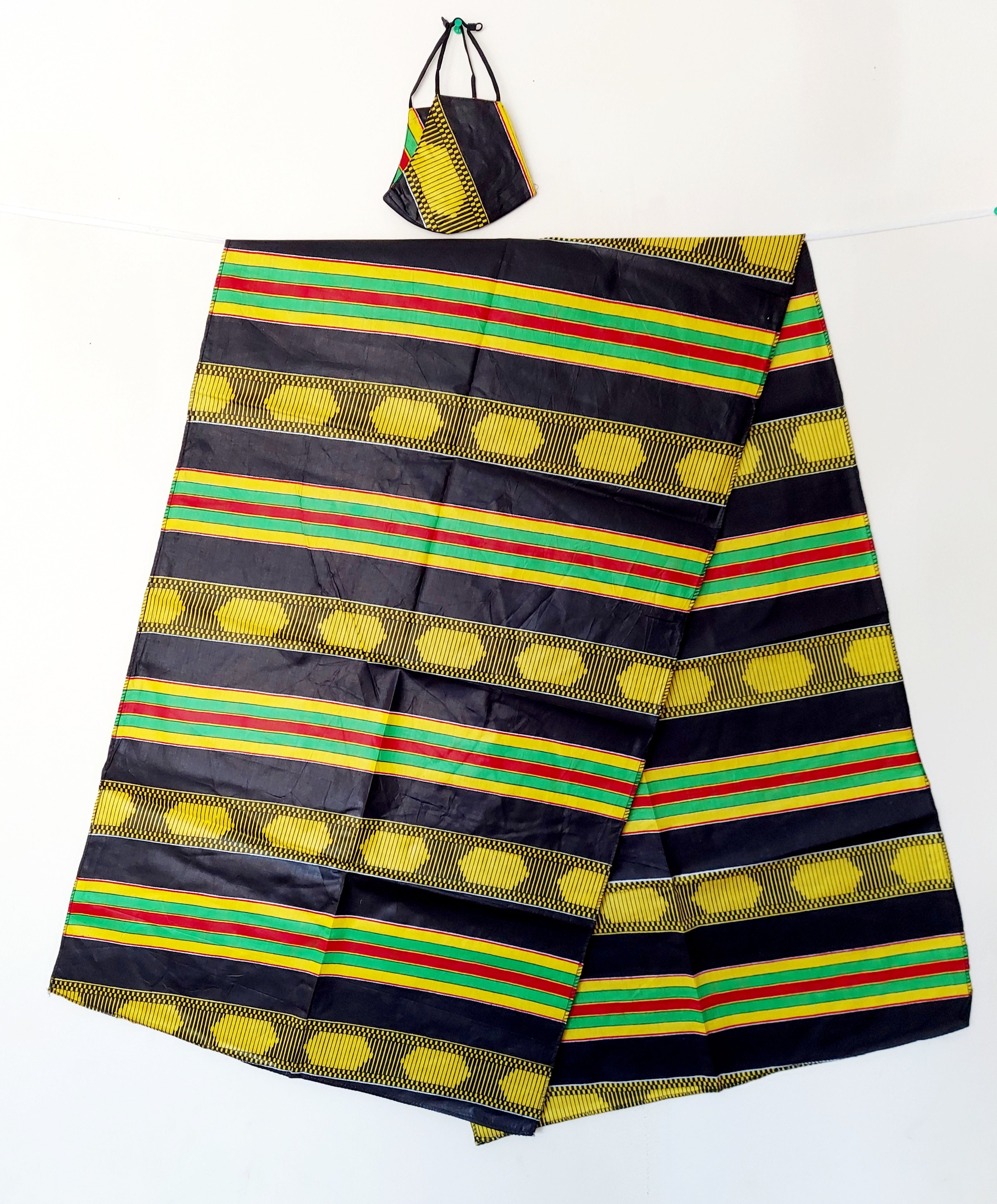 African Kente Mask/Headscarf Set - Black Stripe