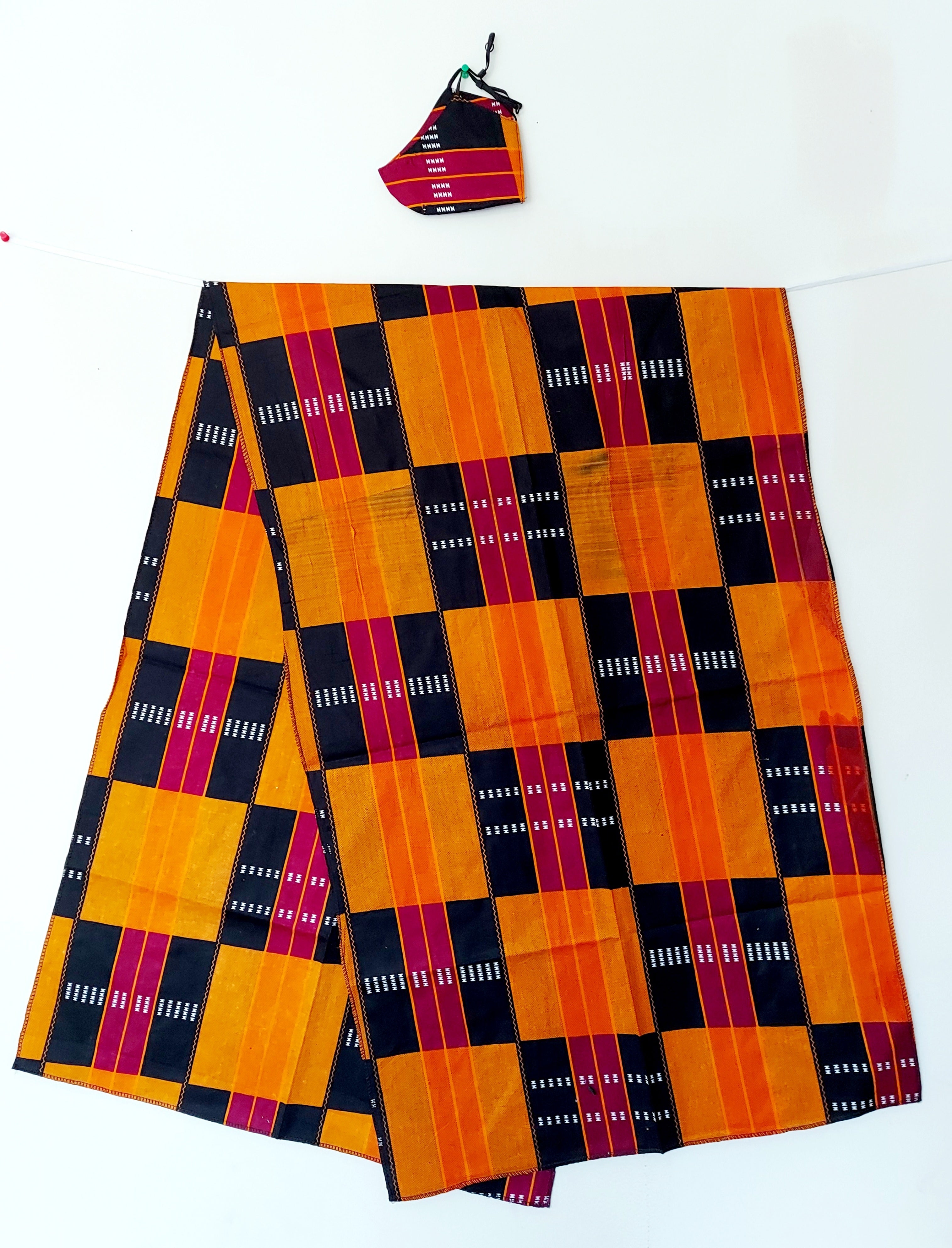 African Kente Mask/Headscarf Set - Black/Burgundy/Orange