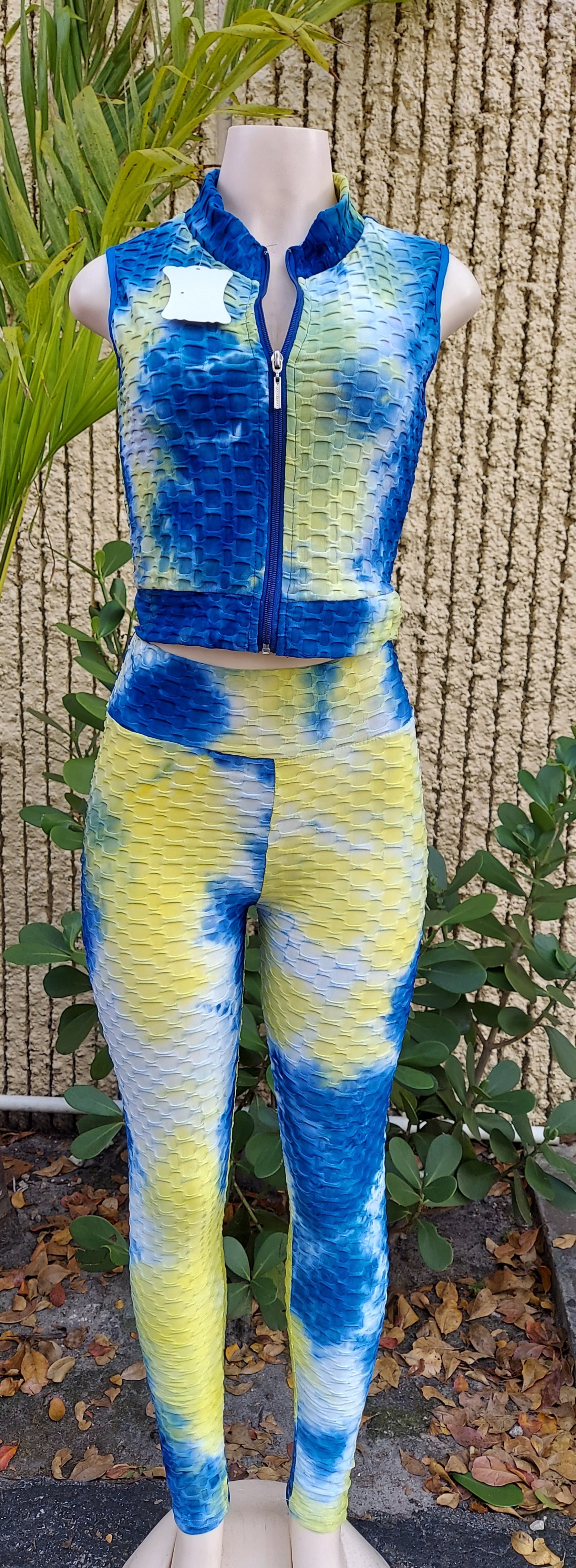 903-TikTok BBL Long Legging & zipper Crop Top Set/ Honey Comb Tie-dye