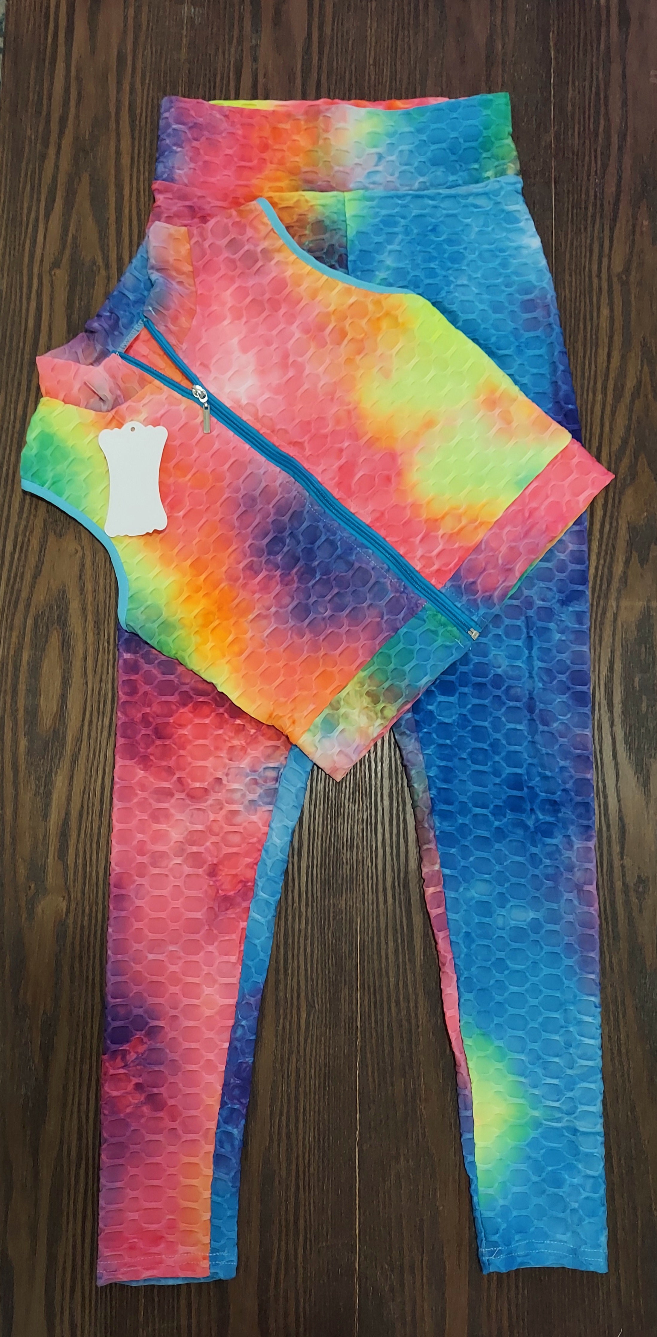 903-TikTok BBL Long Legging & zipper Crop Top Set/ Honey Comb Tie-dye