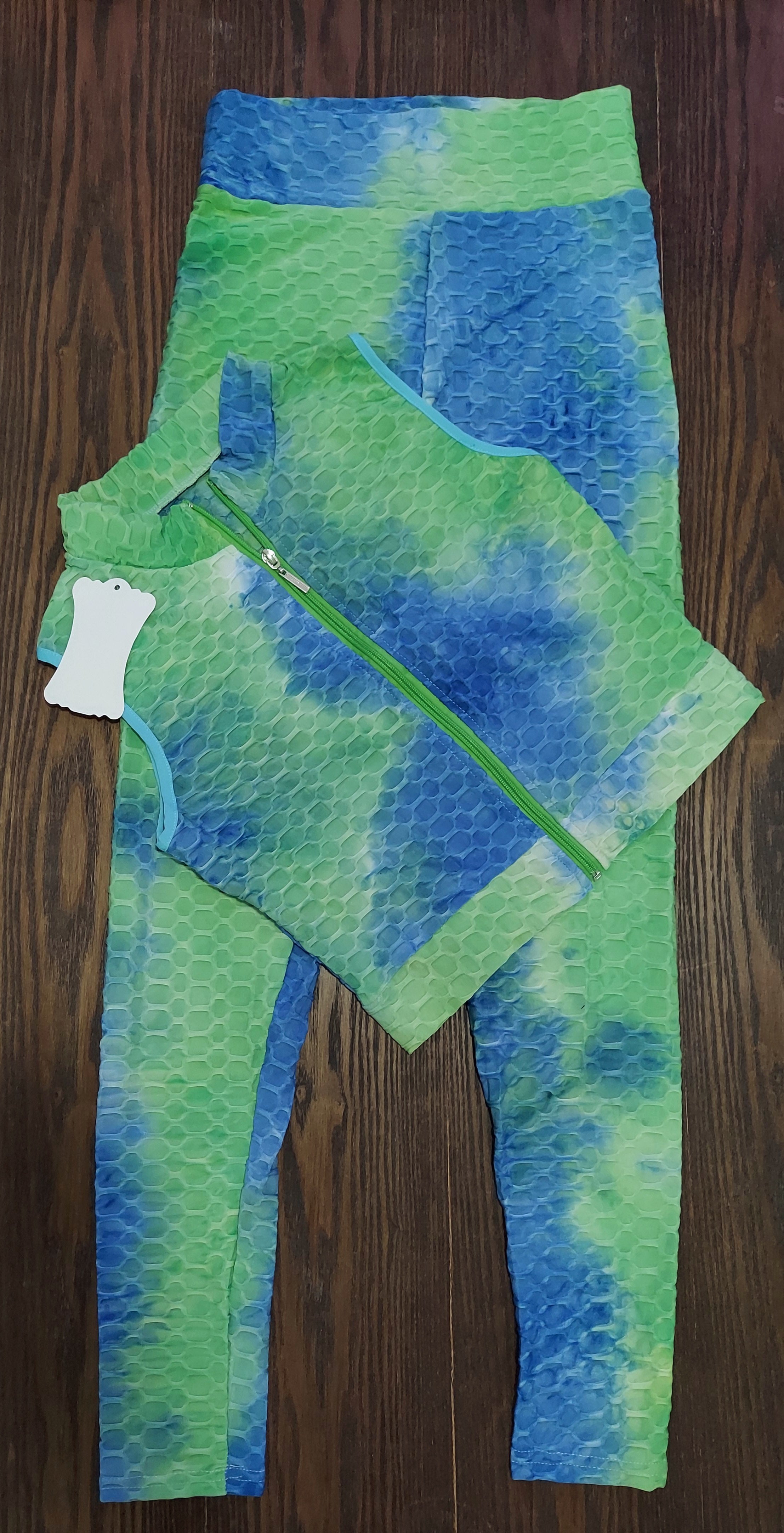 903-TikTok BBL Long Legging & zipper Crop Top Set/ Honey Comb Tie-dye