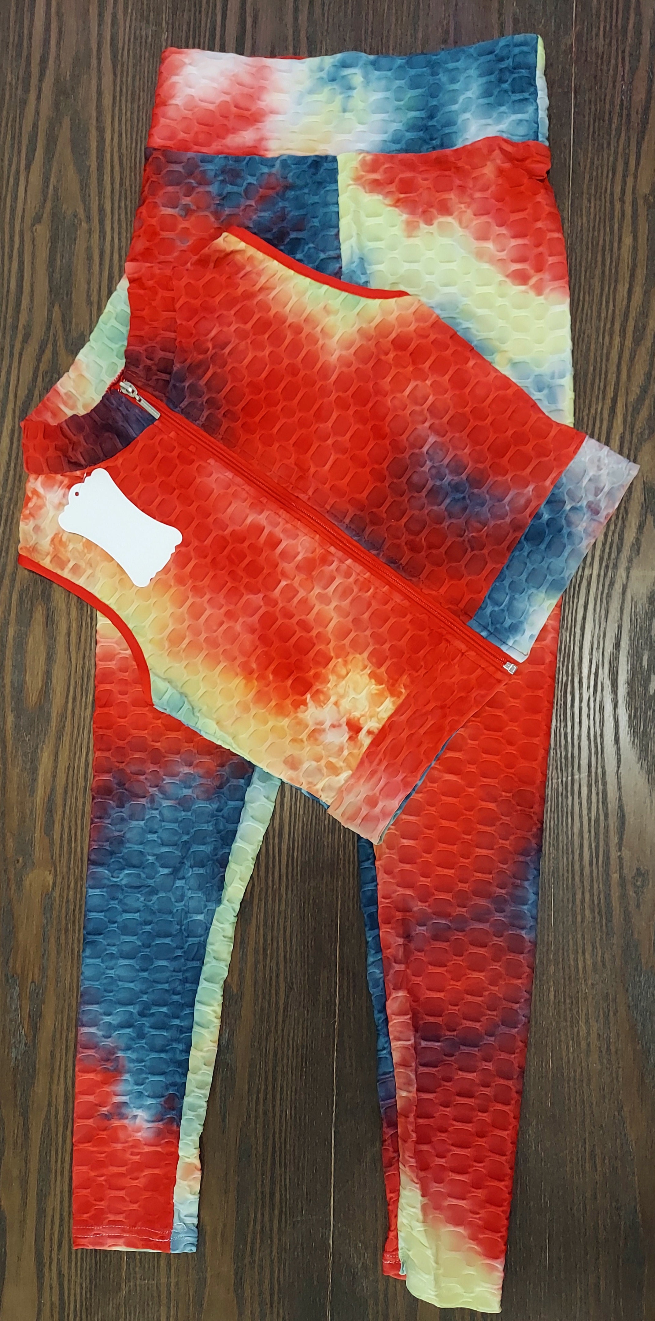 903-TikTok BBL Long Legging & zipper Crop Top Set/ Honey Comb Tie-dye