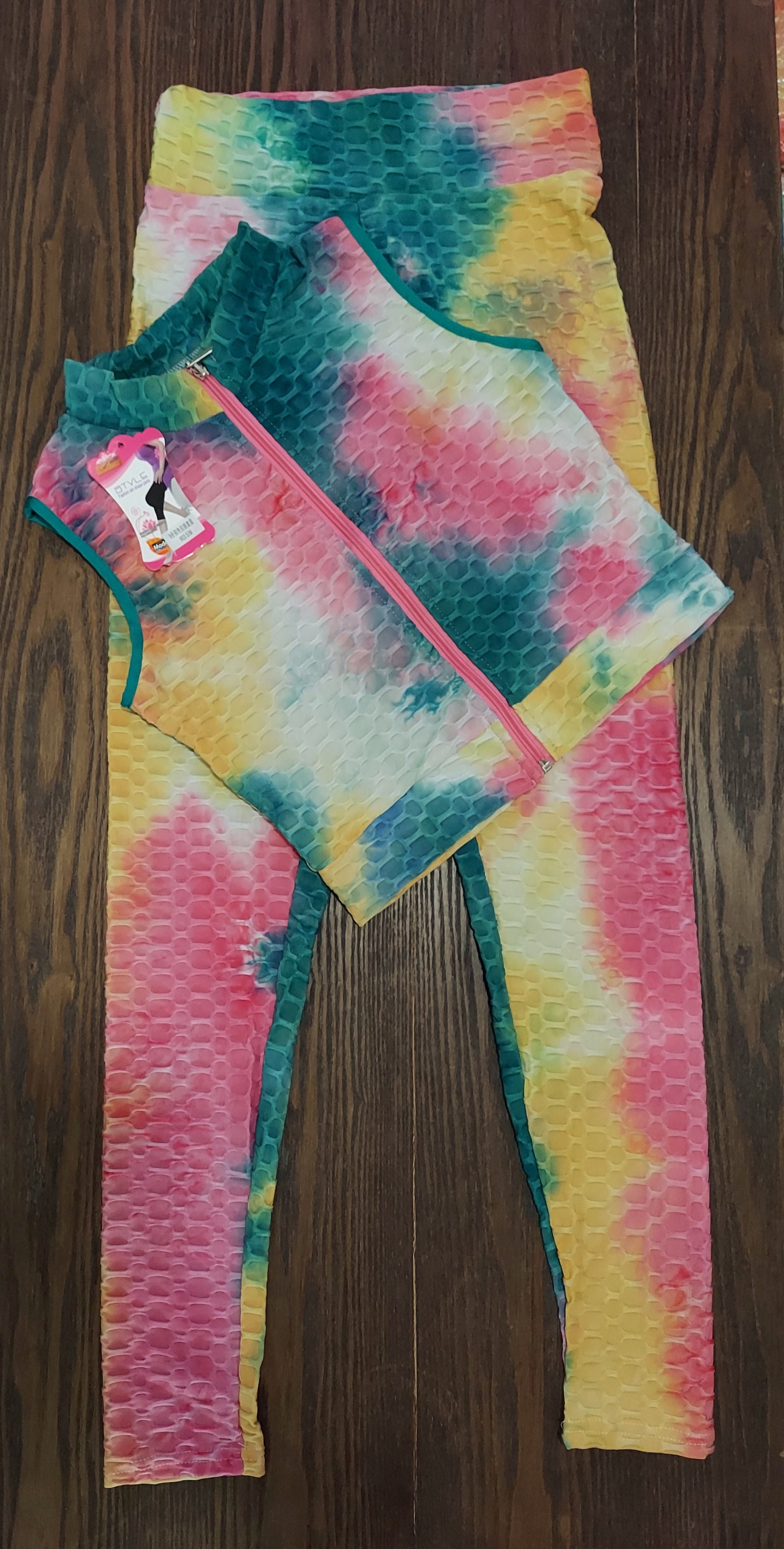 903-TikTok BBL Long Legging & zipper Crop Top Set/ Honey Comb Tie-dye