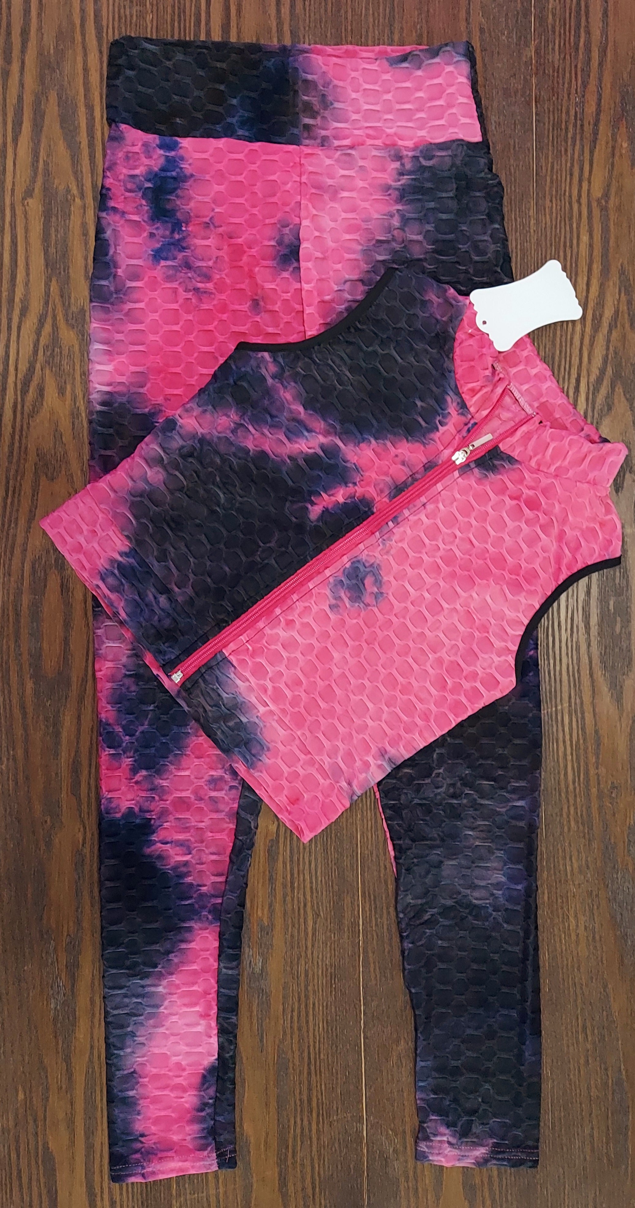 903-TikTok BBL Long Legging & zipper Crop Top Set/ Honey Comb Tie-dye