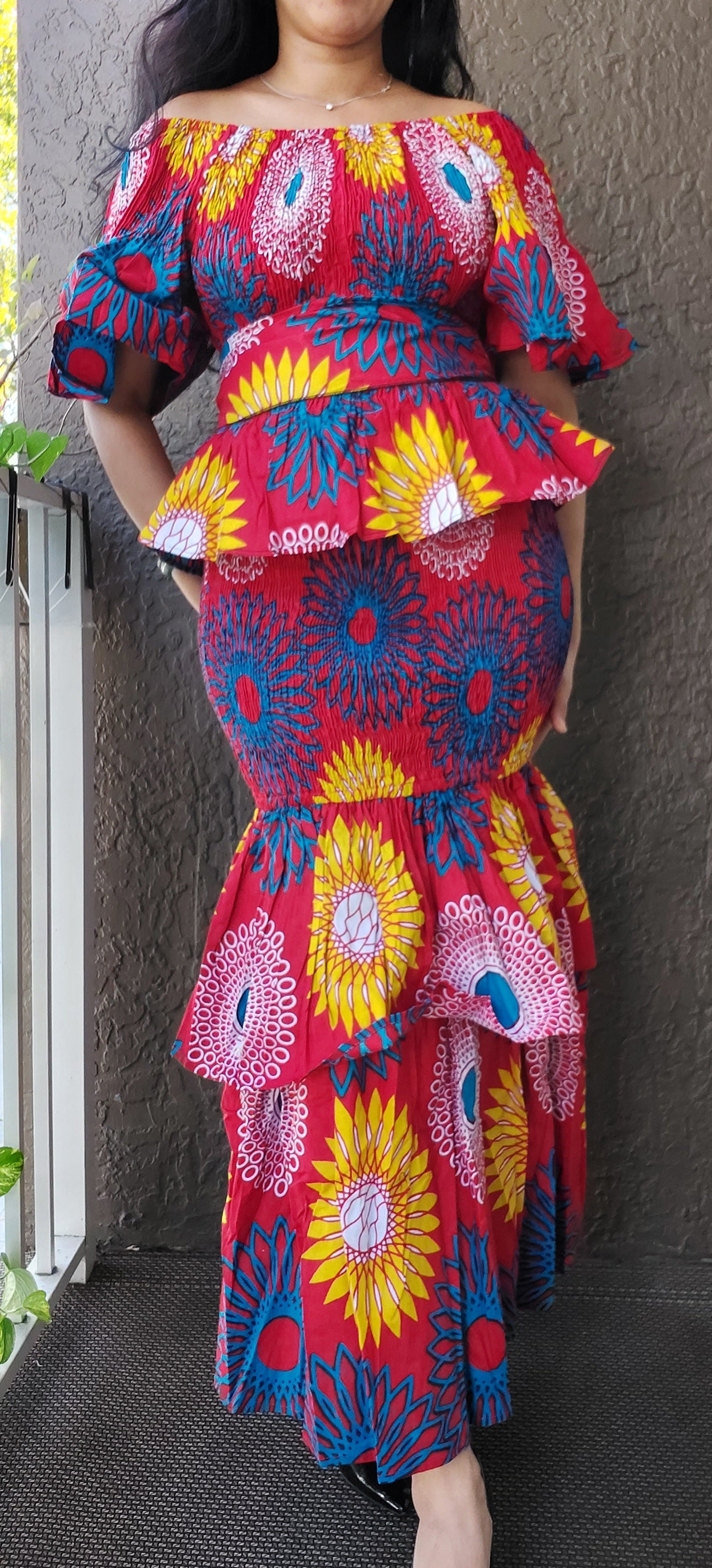 Woman Long Smock Tiered Skirt / Blouse Set- Red