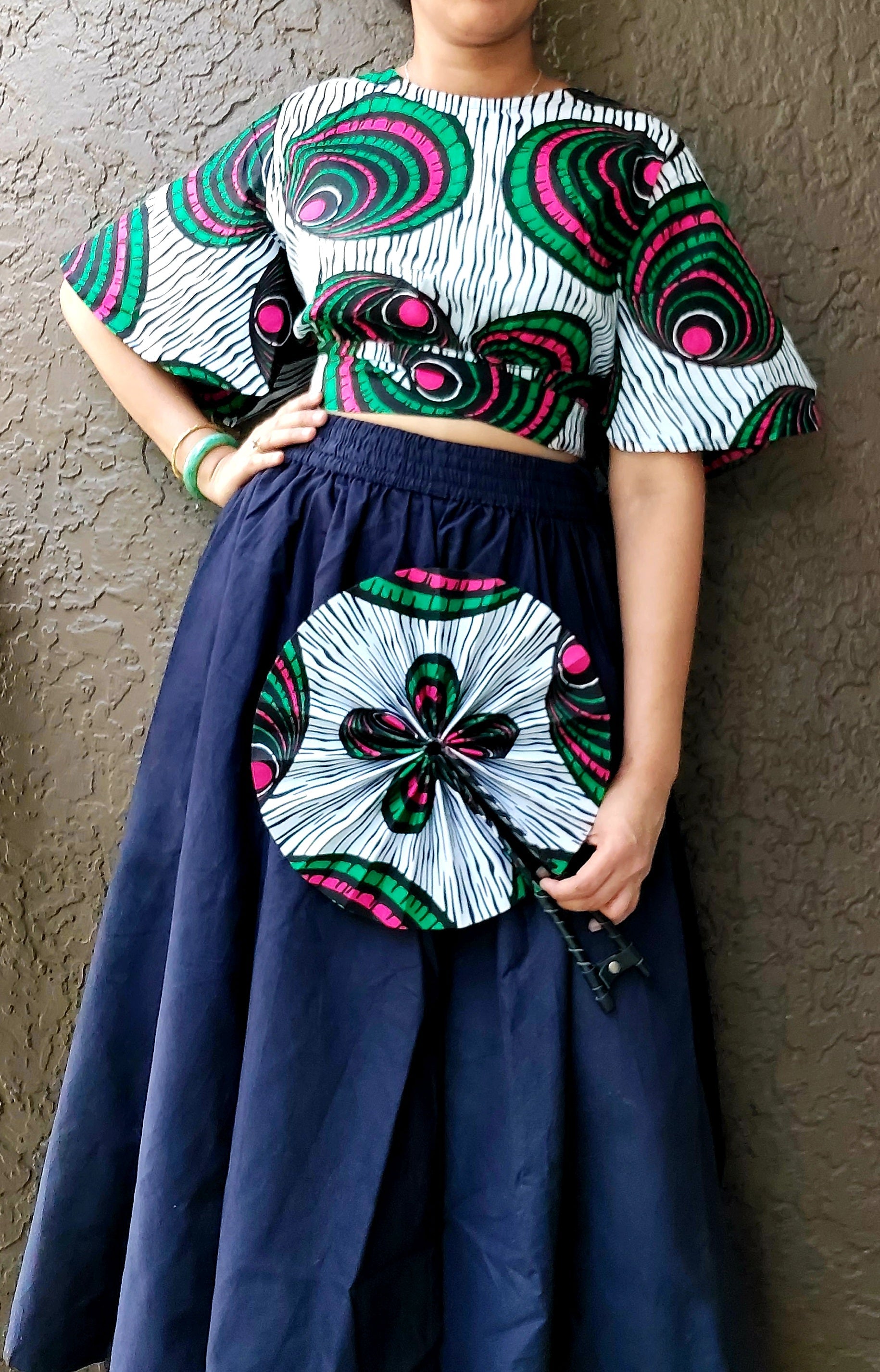 Crop Top/Fan/Skirt / African Print/ Blue