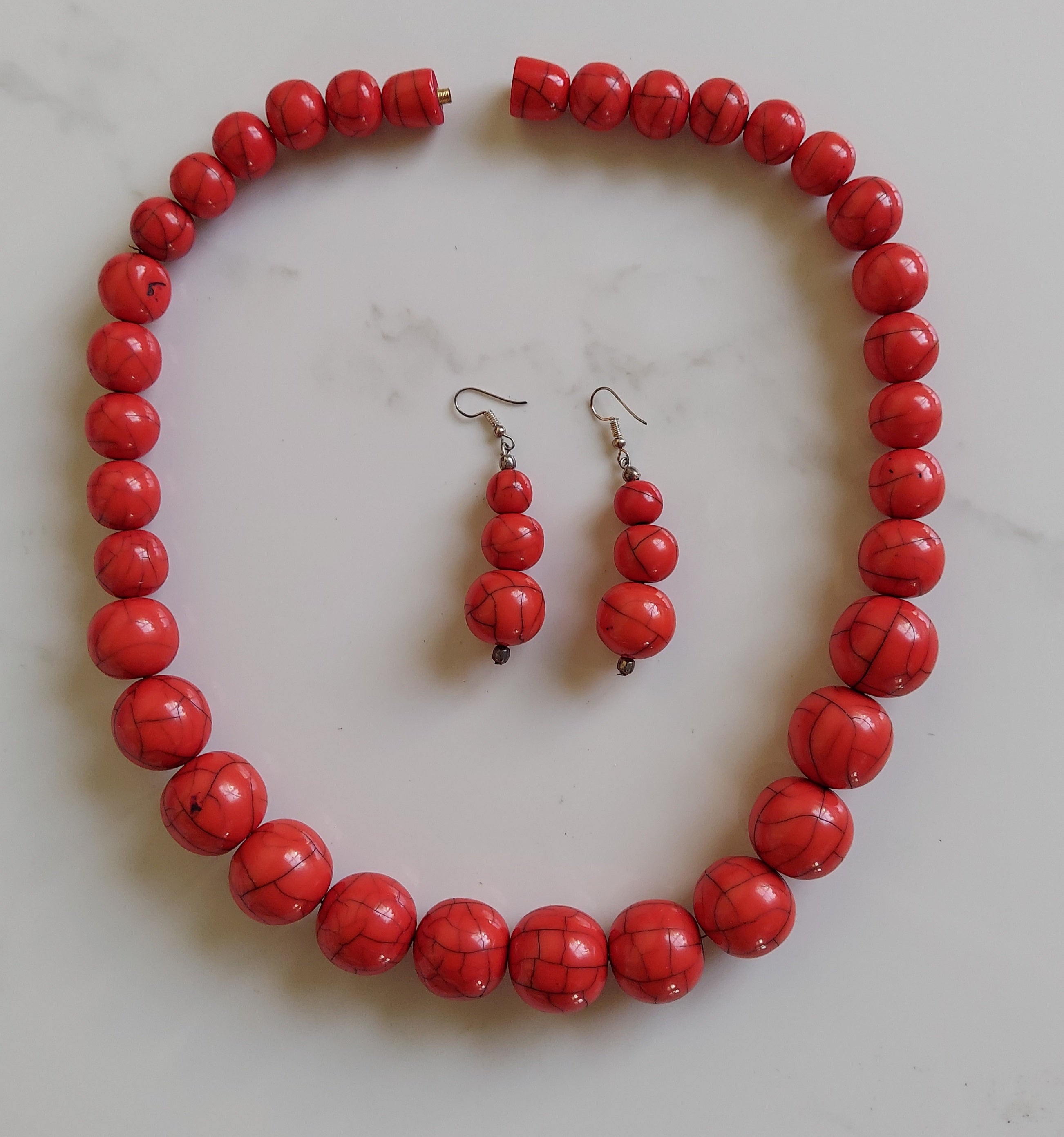 Wooden bead Necklace & Earrings Set- Marble