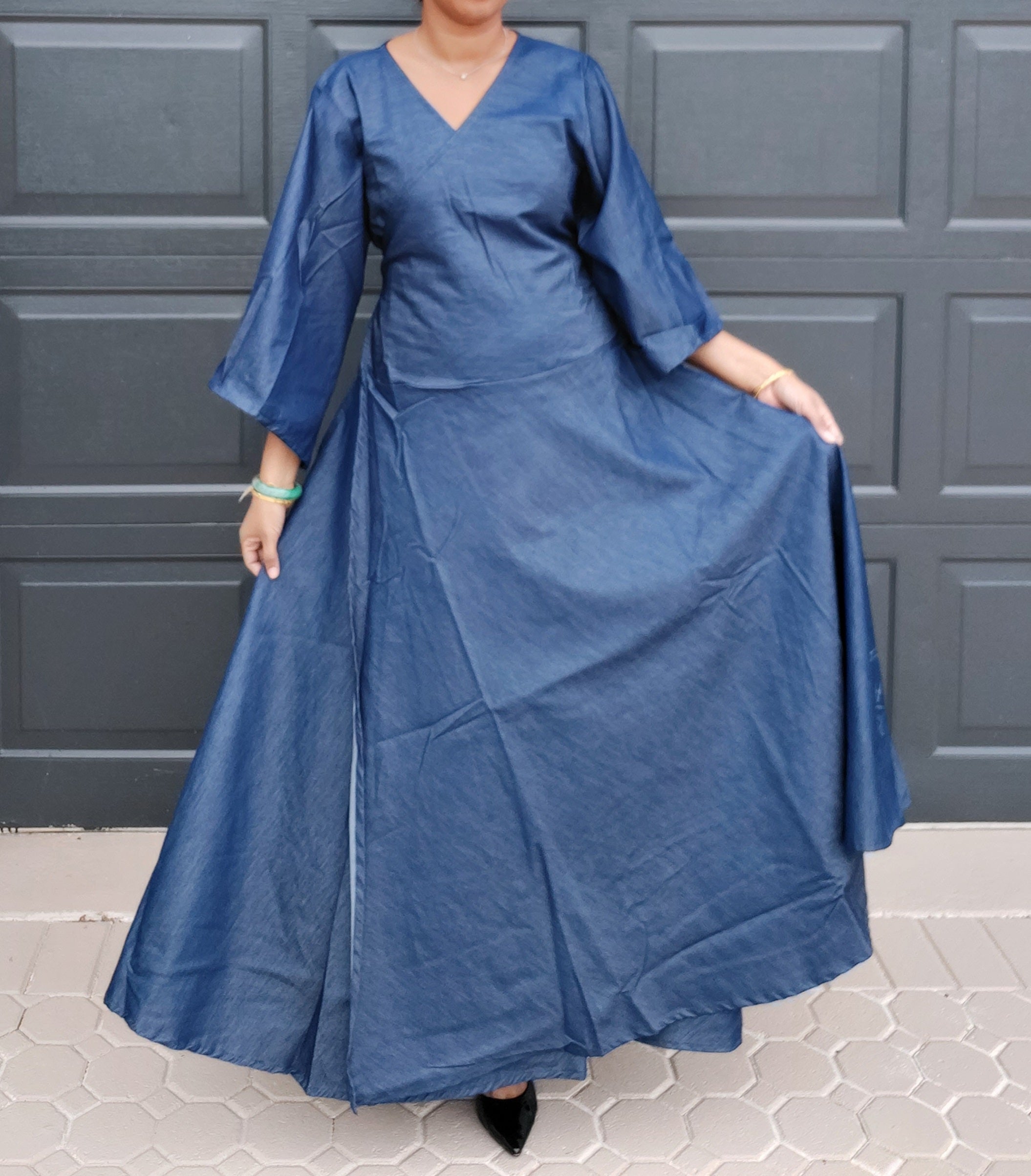 Woman Long Wrap dress with Mid Length bell sleeves- Indigo Denim
