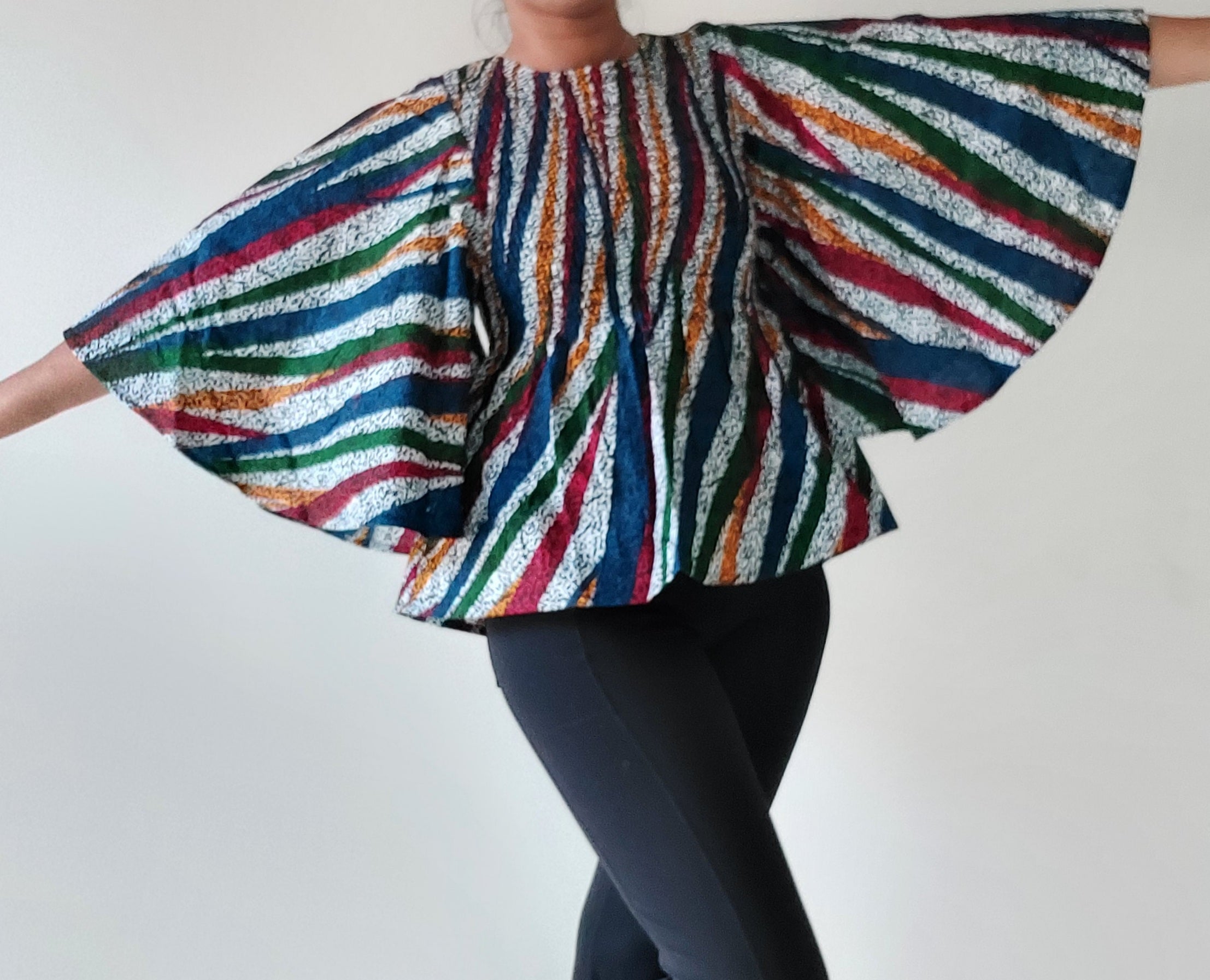 19 Ladie's African Print Smock & Flare Blouse & Head Scarf- White Stripe