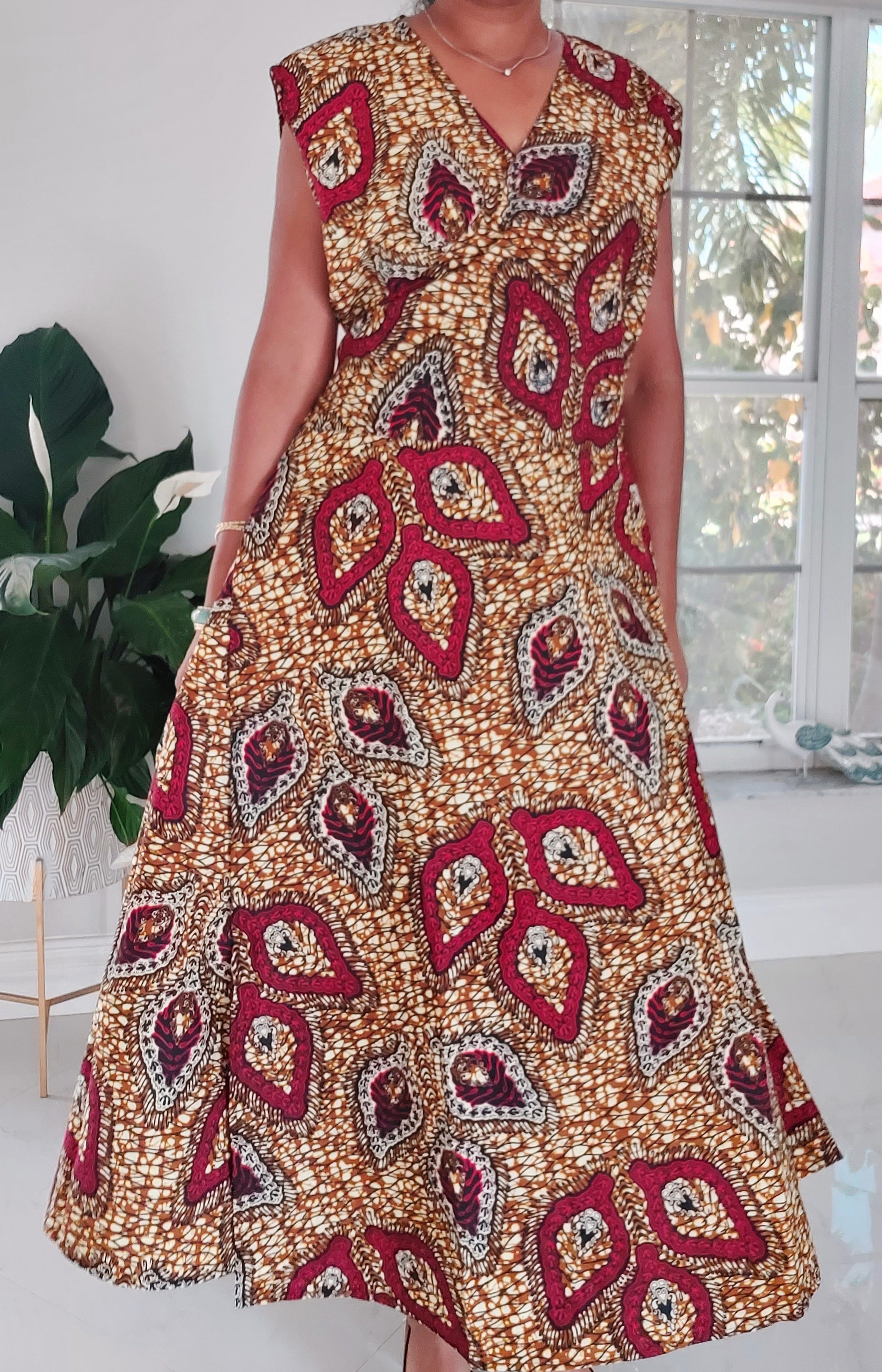 1045- Women Long Printed Sleeveless Wrap Dress-Tan