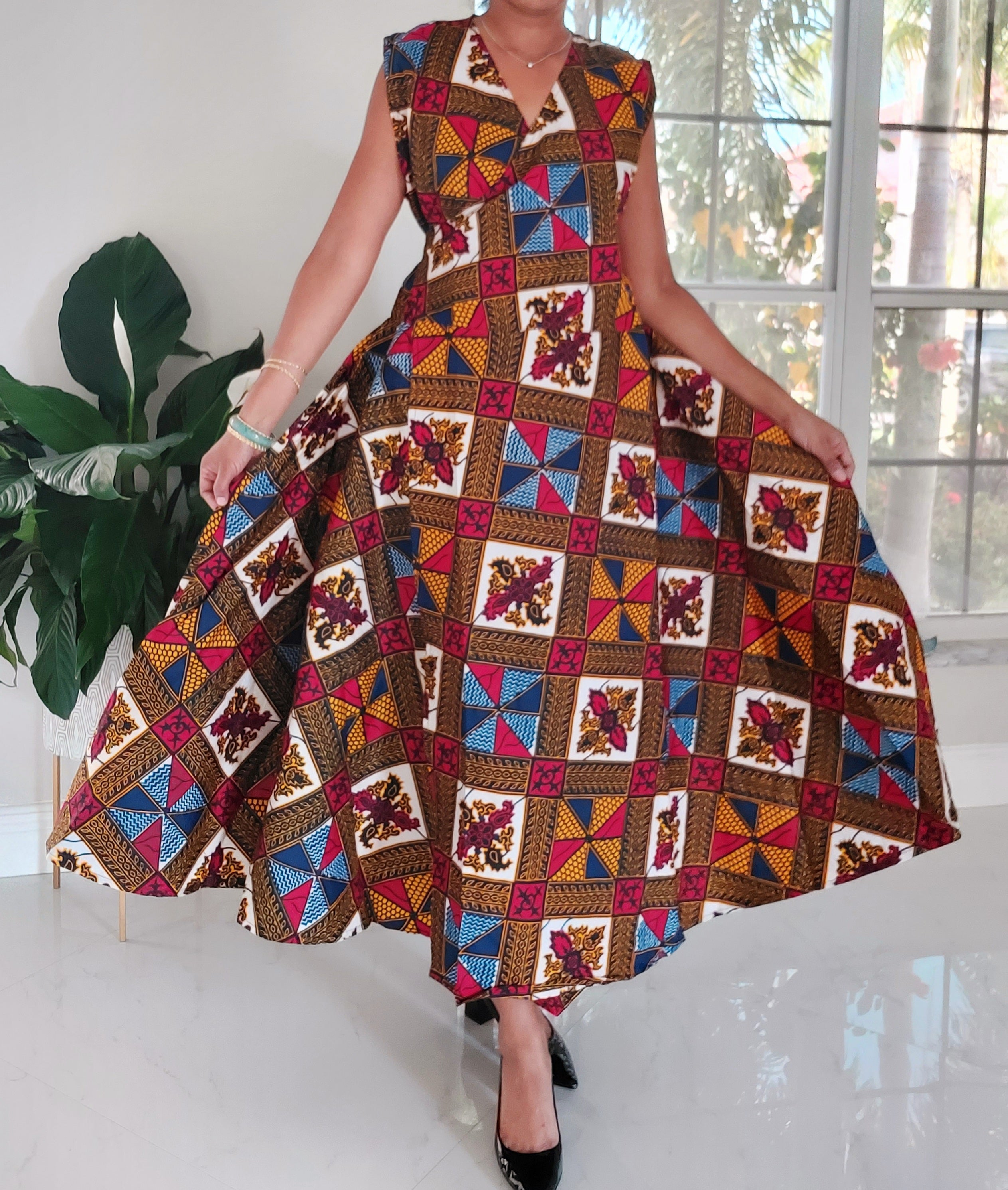 1045- Women Long Printed Sleeveless Wrap Dress- Orange