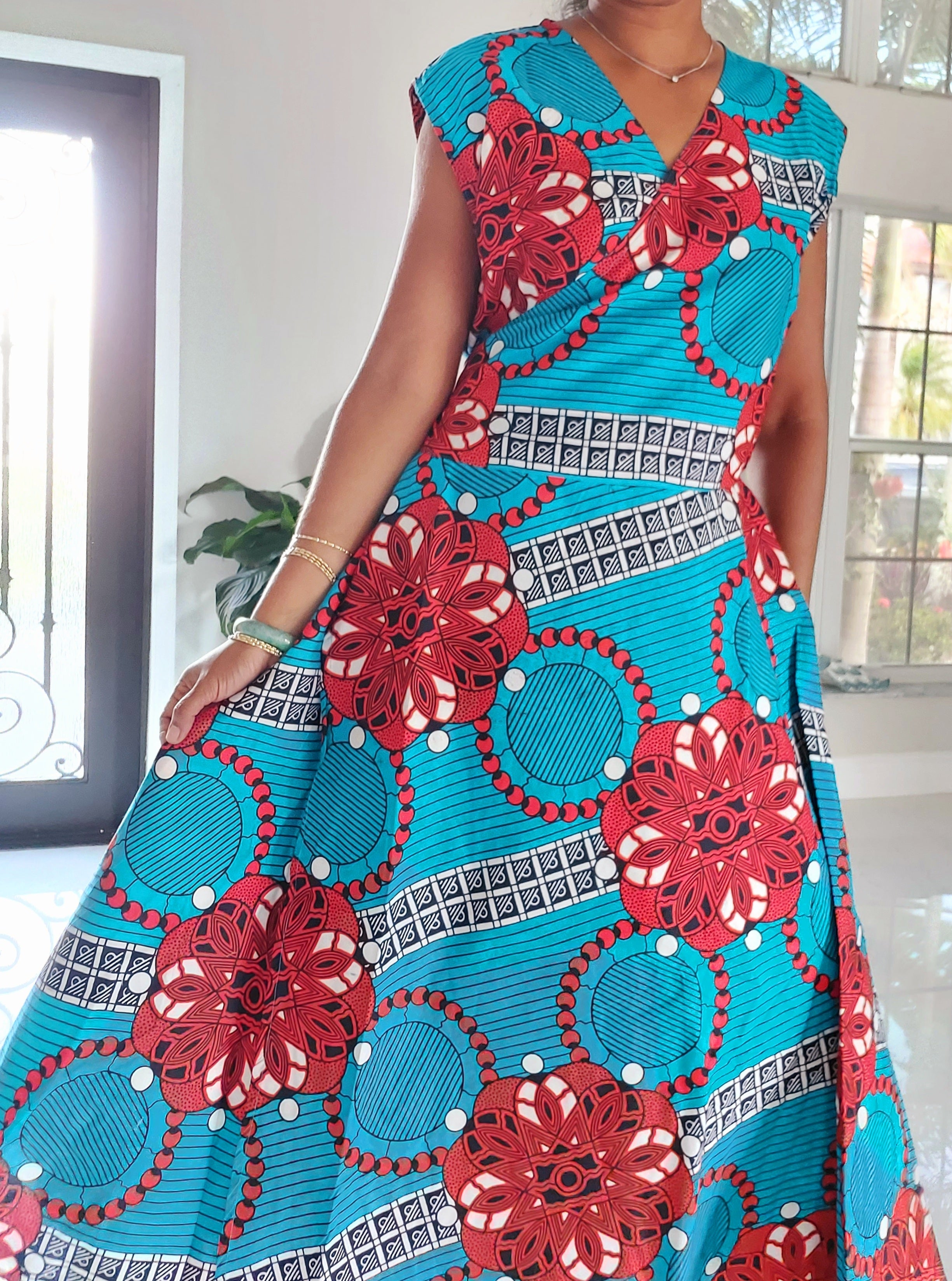1045- Women Long Printed Sleeveless Wrap Dress-Turquoise