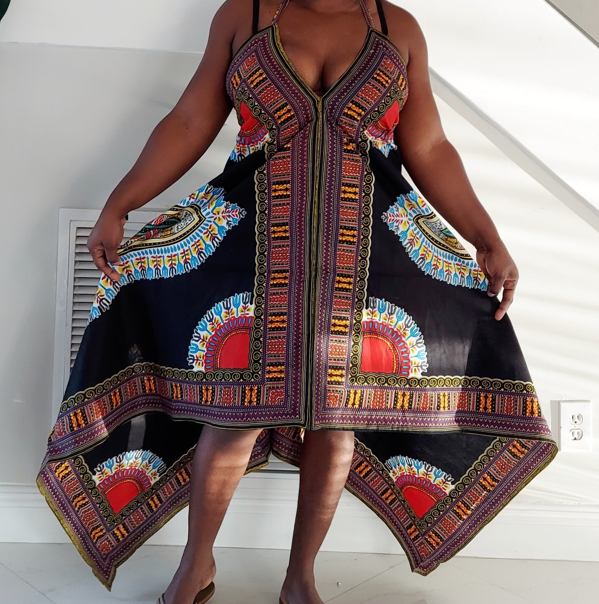 Dashiki Halter Dress/ Handkerchief Hem- k583