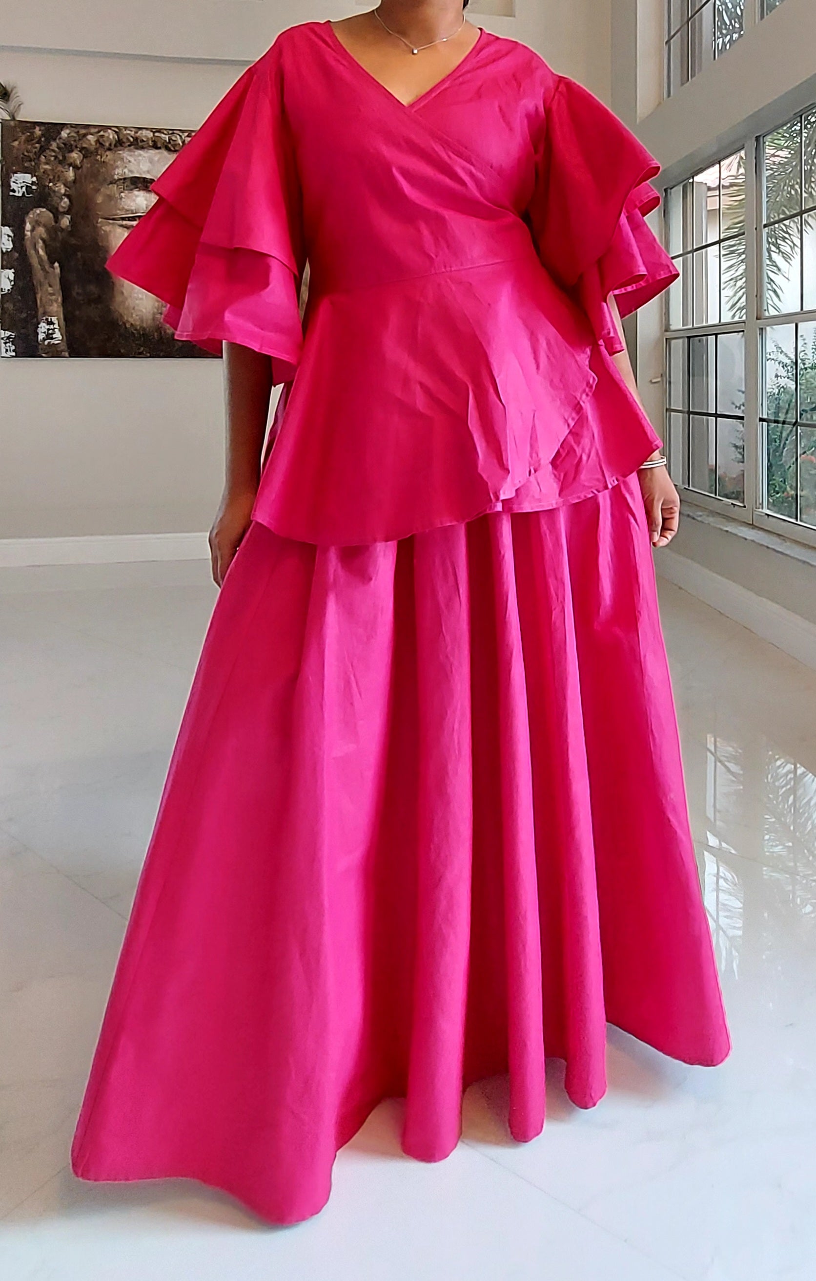 Wrap Blouse & Long Skirt-Solid Pink