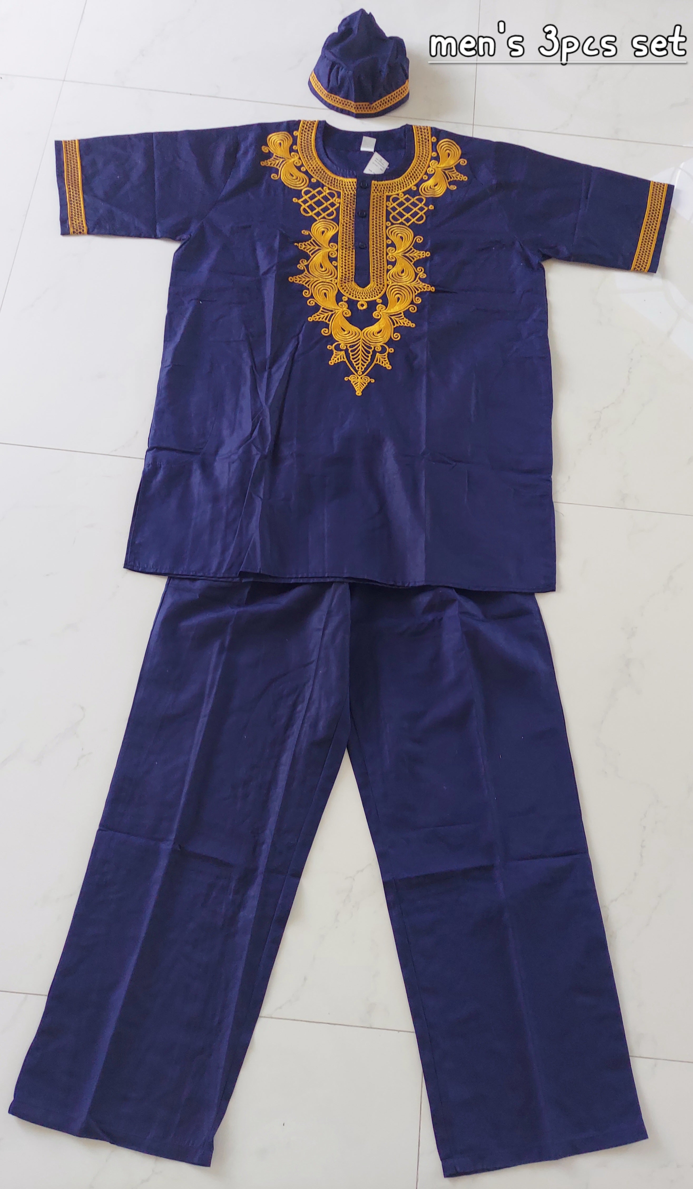 Men's 3Pcs Embroidery Set- Blue