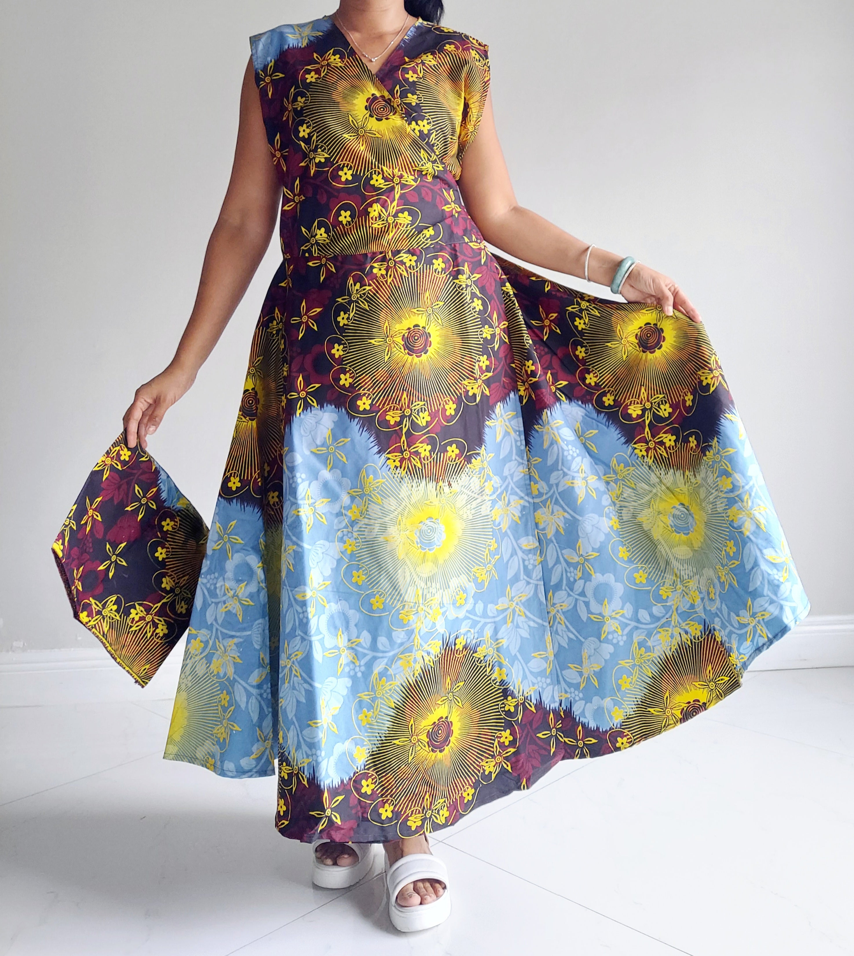1045- Women Long Printed Sleeveless Wrap Dress