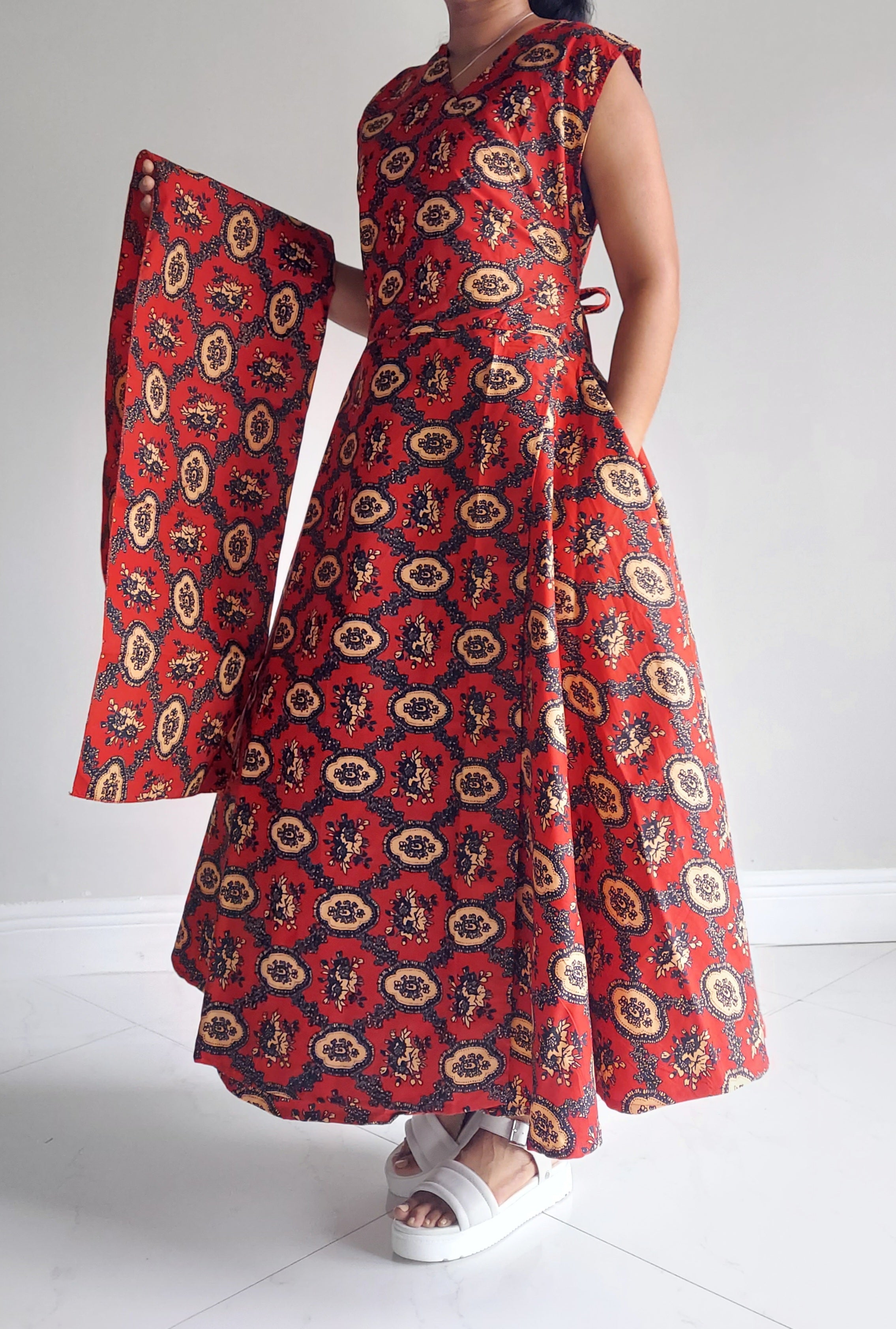 1045- Women Long Printed Sleeveless Wrap Dress