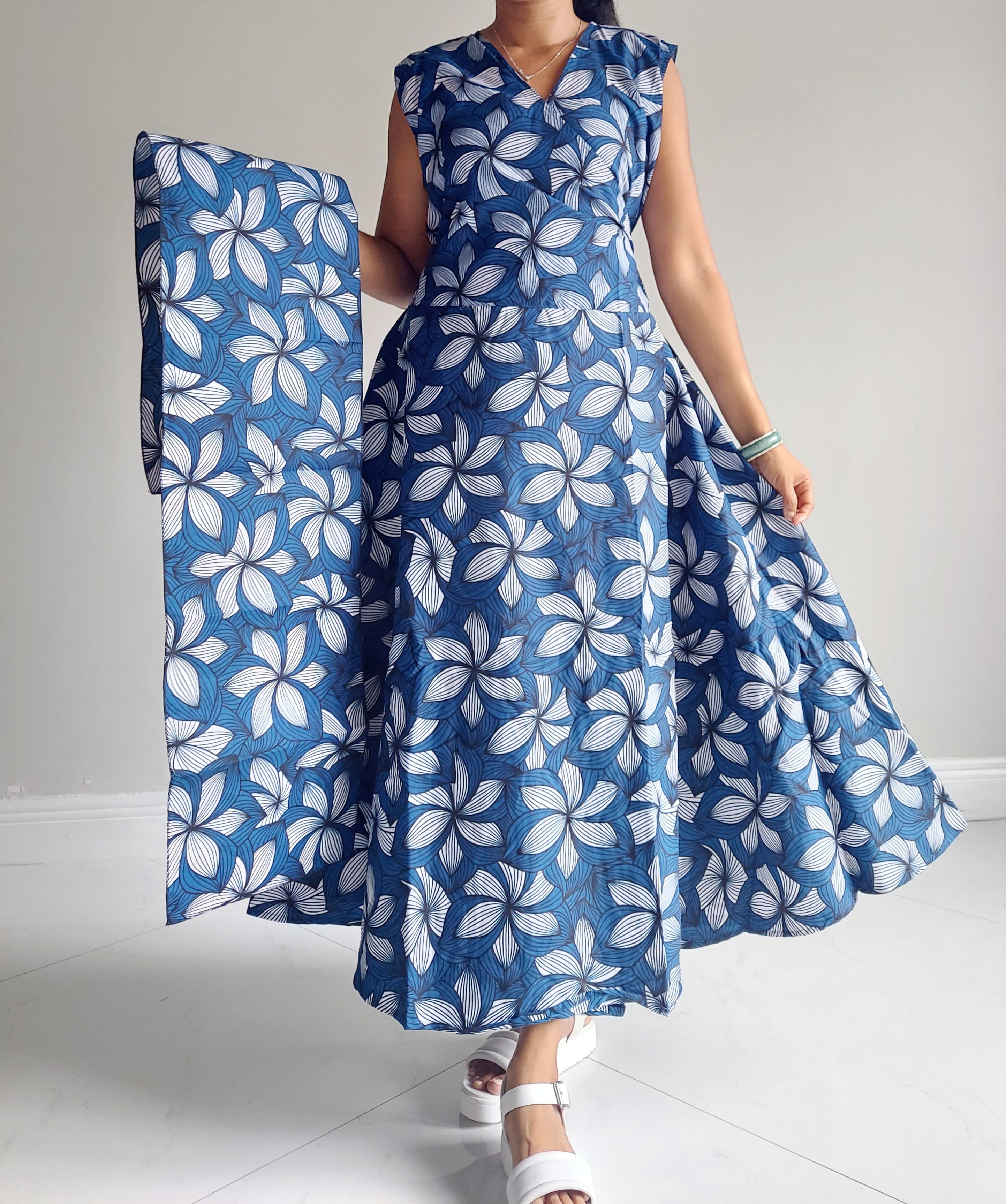 1045- Women Long Printed Sleeveless Wrap Dress