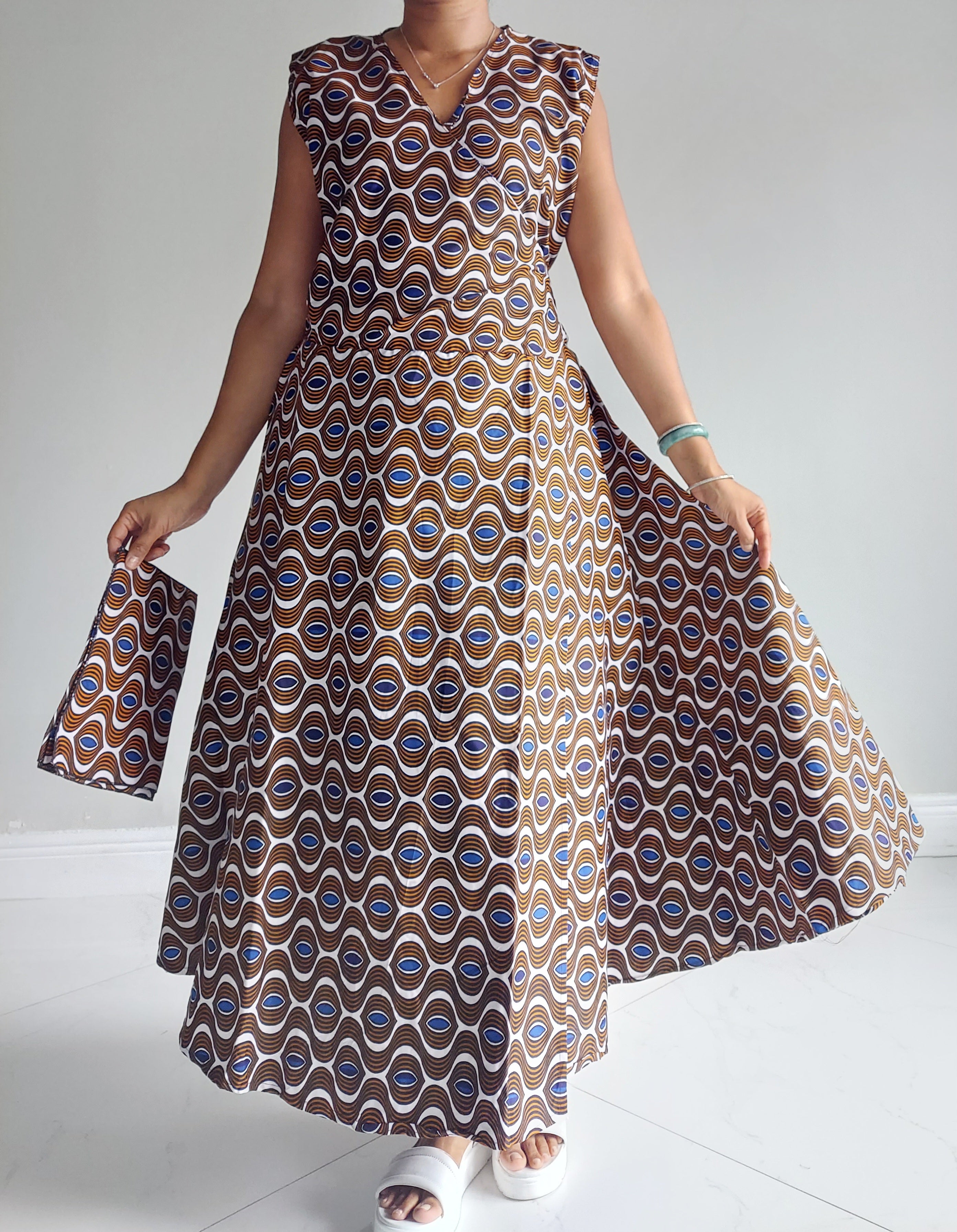 1045- Women Long Printed Sleeveless Wrap Dress
