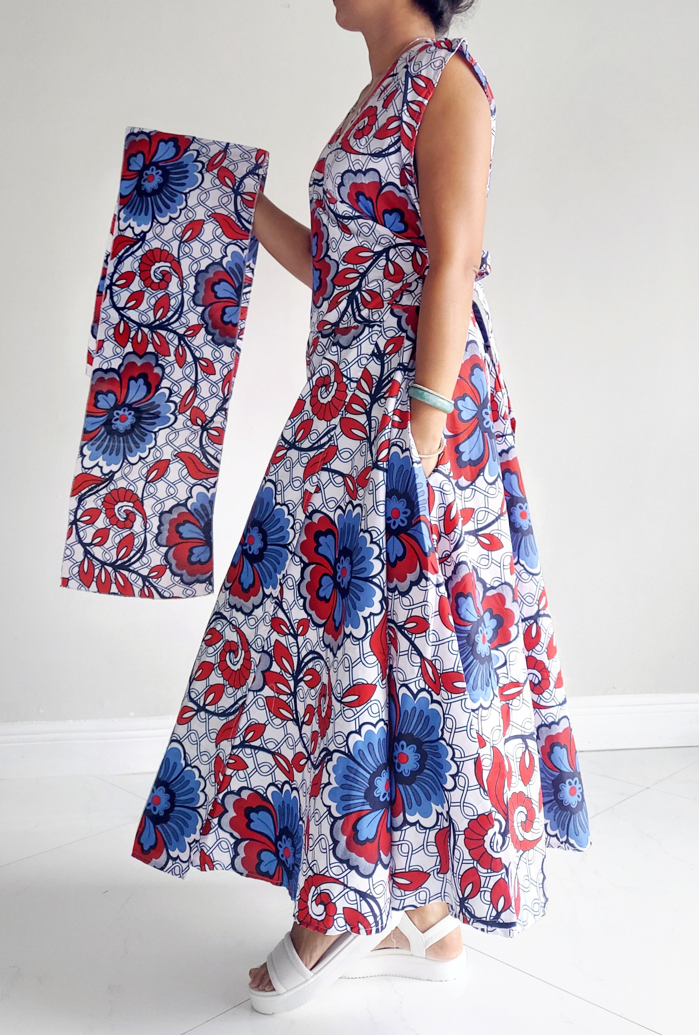 1045- Women Long Printed Sleeveless Wrap Dress