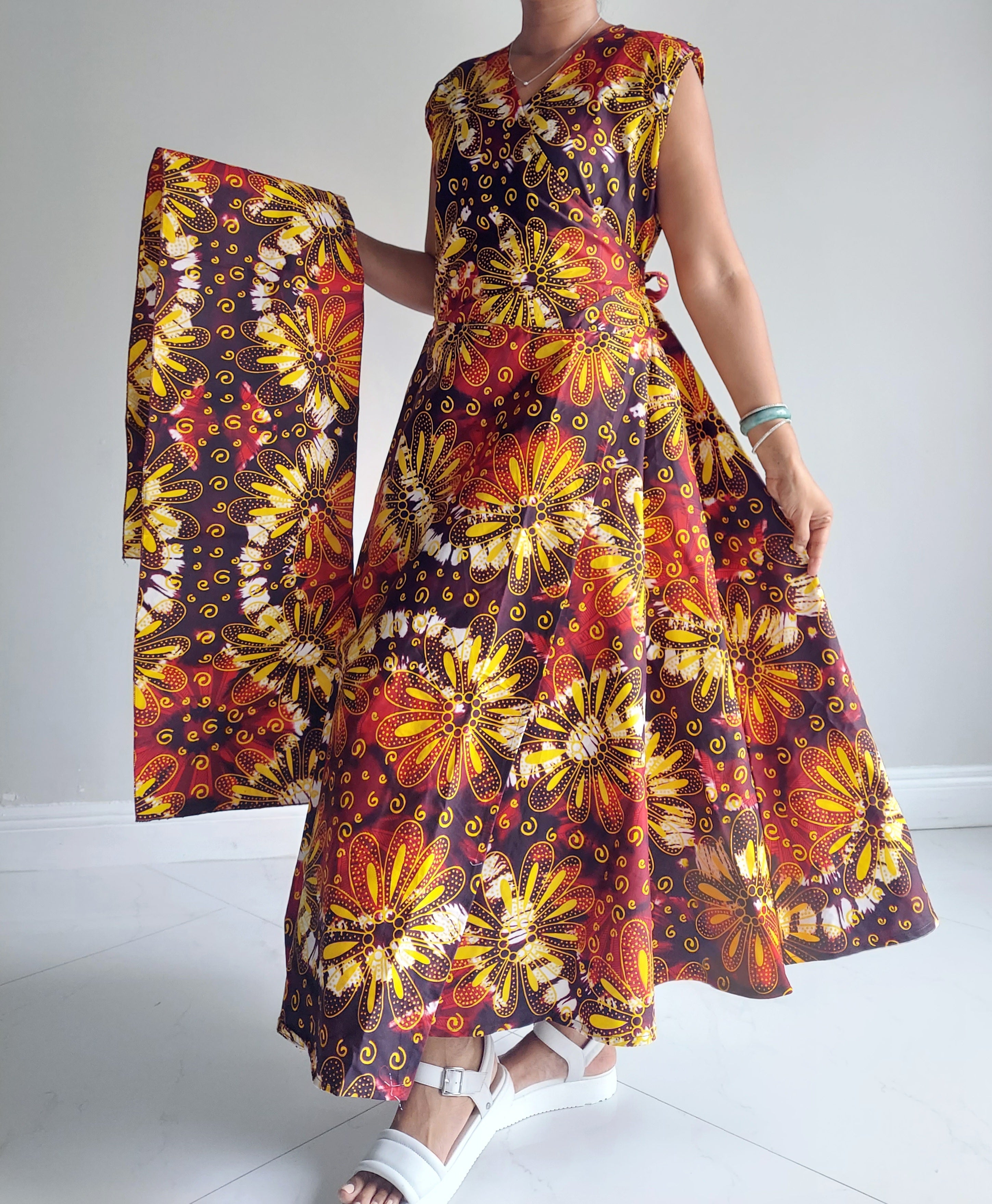 1045- Women Long Printed Sleeveless Wrap Dress