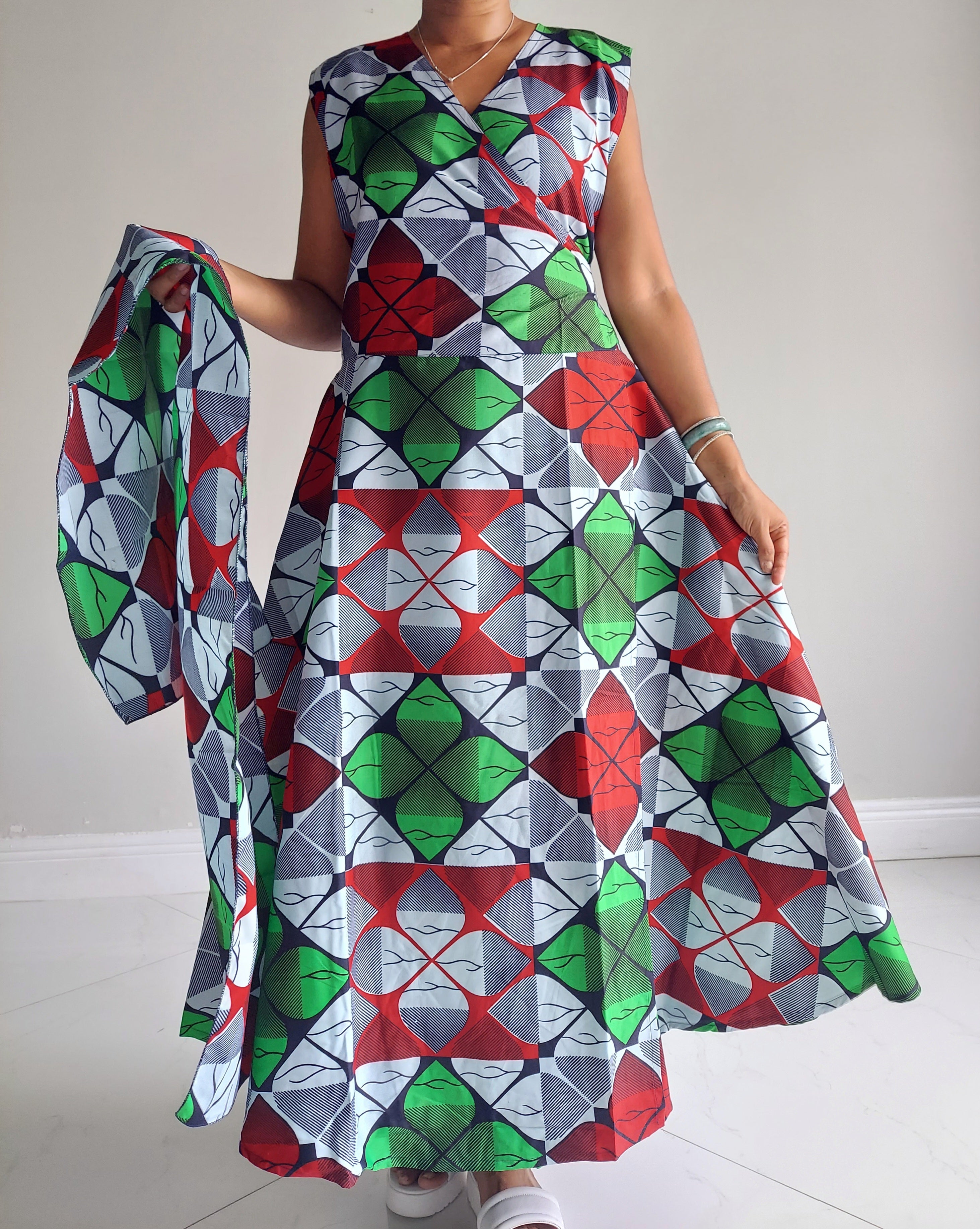 1045- Women Long Printed Sleeveless Wrap Dress