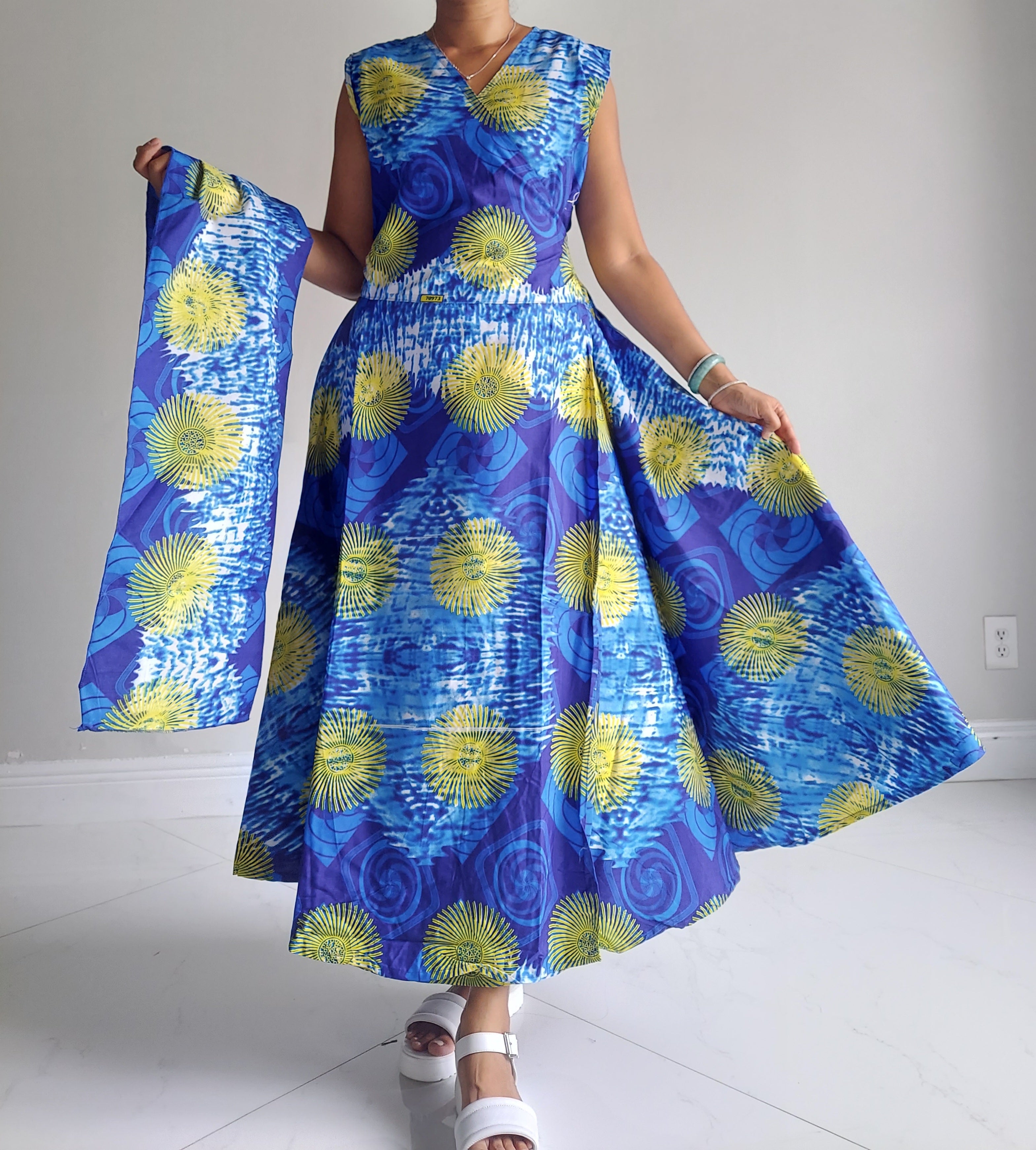 1045- Women Long Printed Sleeveless Wrap Dress