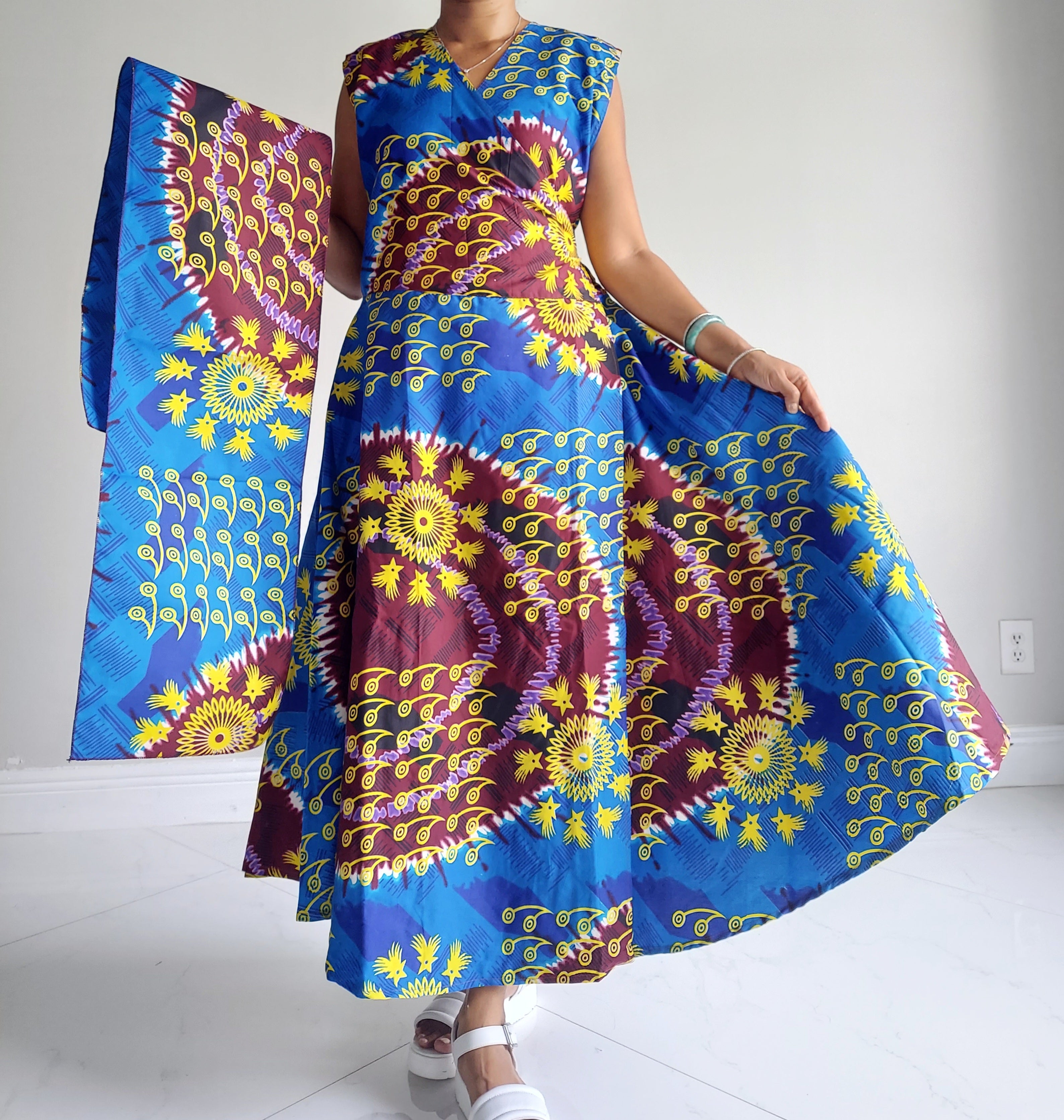 1045- Women Long Printed Sleeveless Wrap Dress