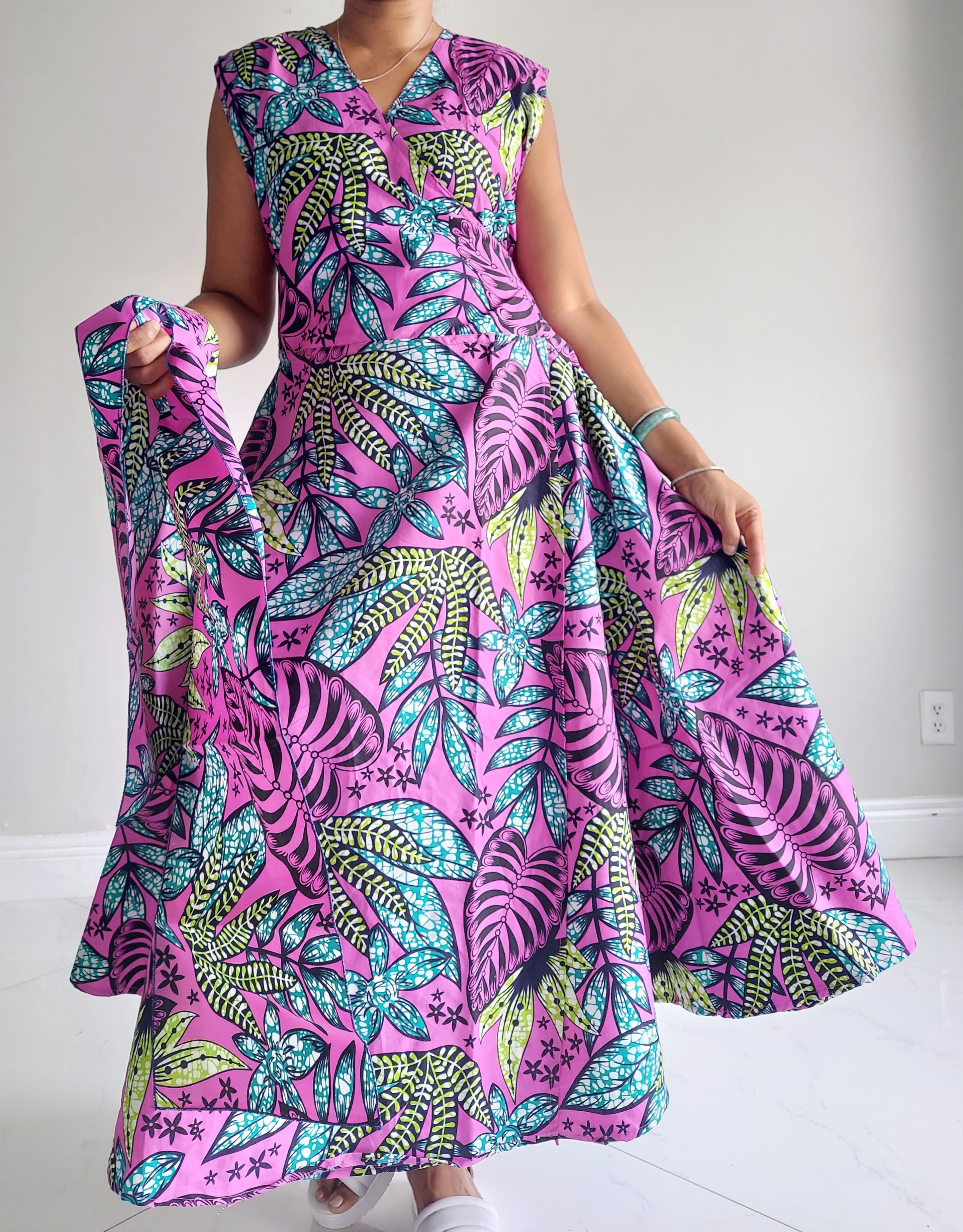 1045- Women Long Printed Sleeveless Wrap Dress