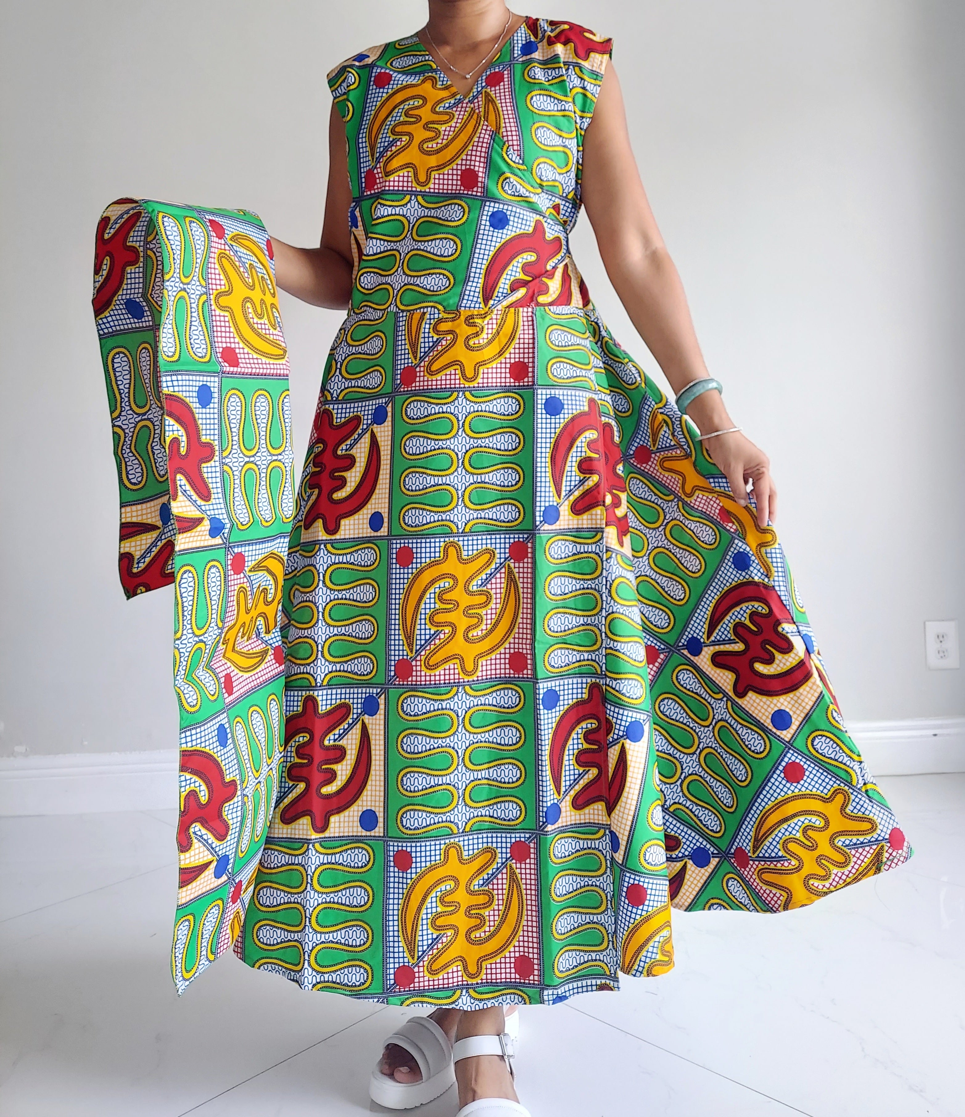 1045- Women Long Printed Sleeveless Wrap Dress