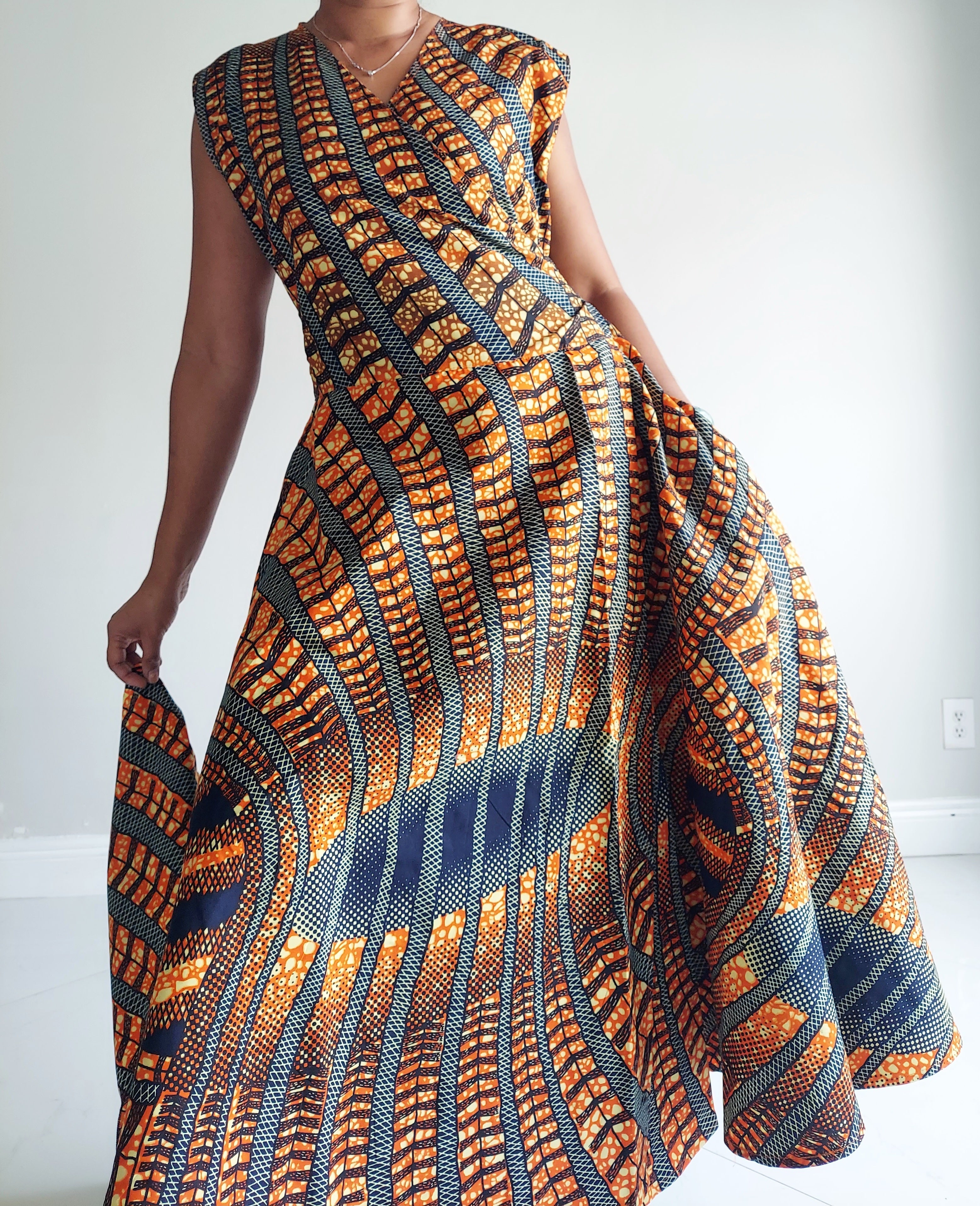 1045- Women Long Printed Sleeveless Wrap Dress