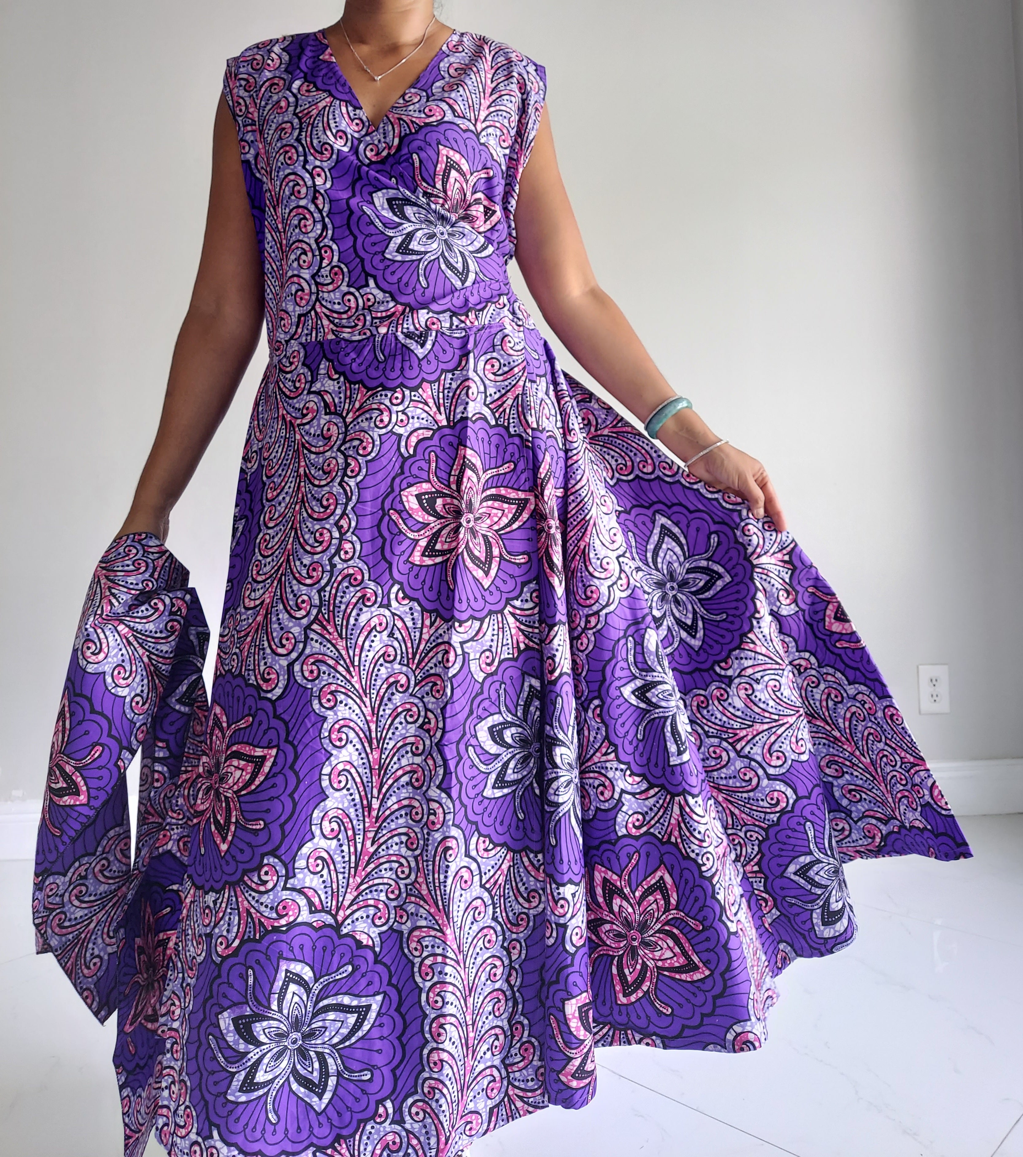 1045- Women Long Printed Sleeveless Wrap Dress