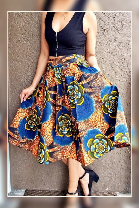 #7012- Women Mid Length Flared Skirt-Blue/Orange