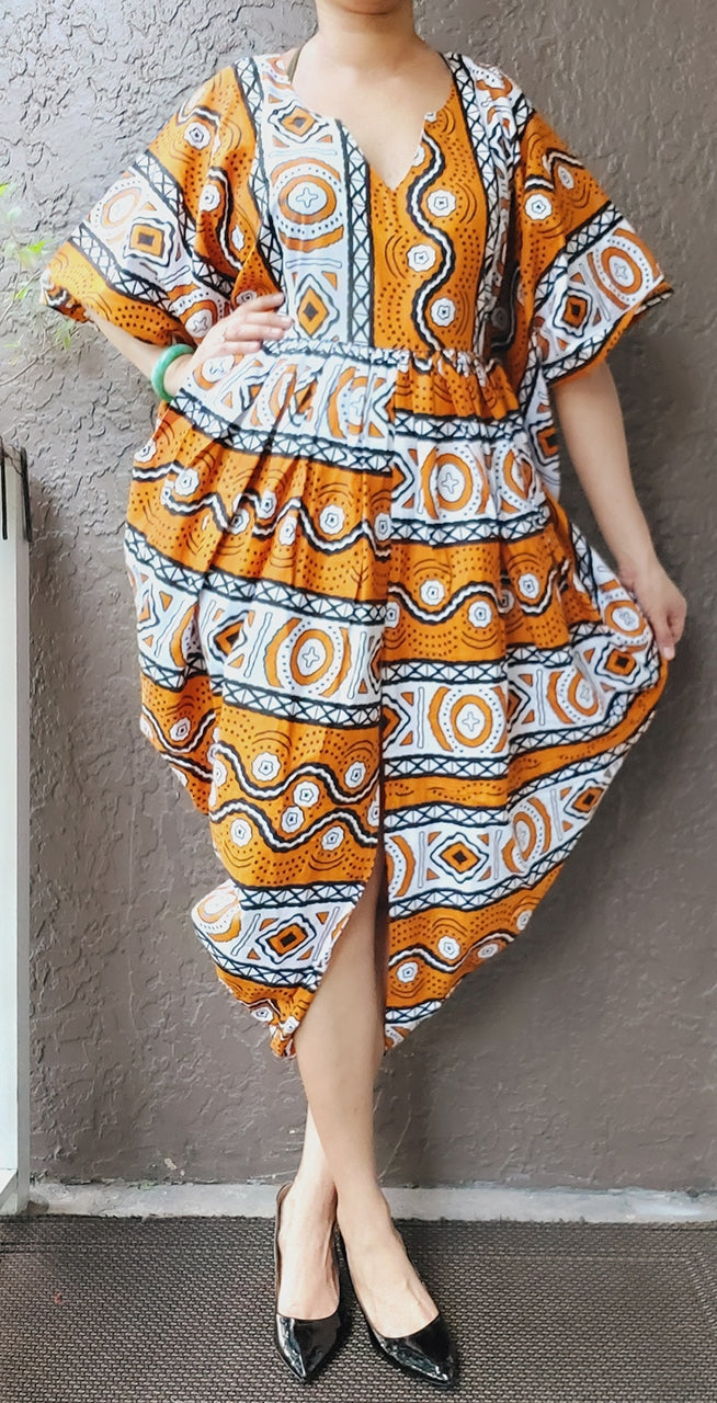 African Print Poncho Dress/ Front Slit - Mustard Tribal- 3067