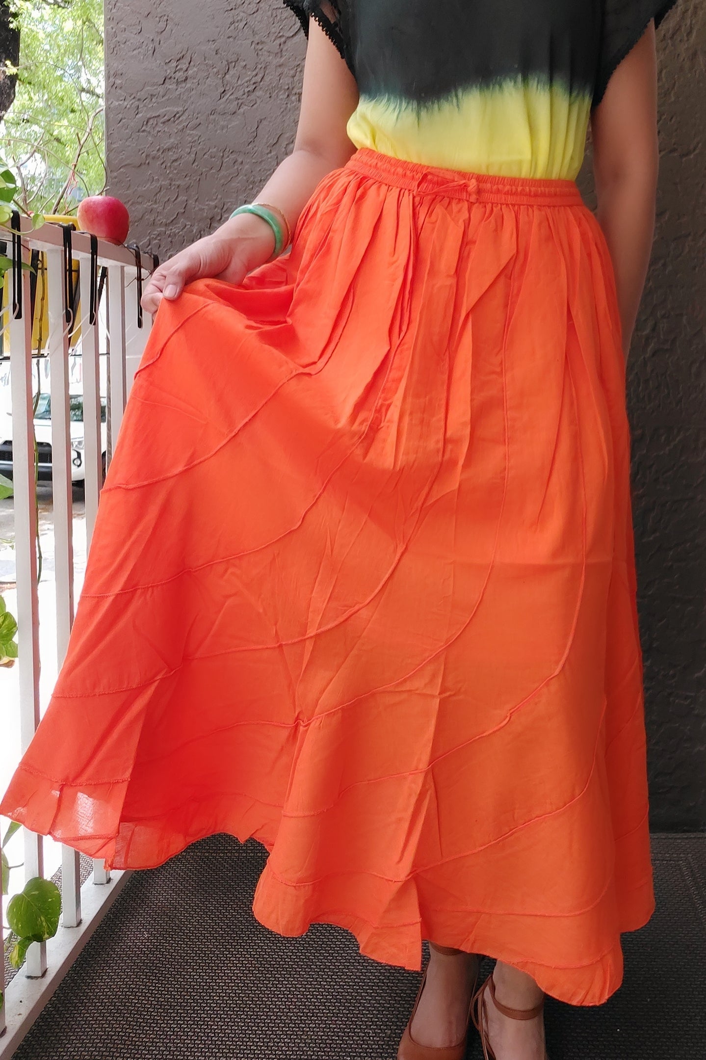 Boho Maxi Panelled Long Skirt/ Solid/ Orange