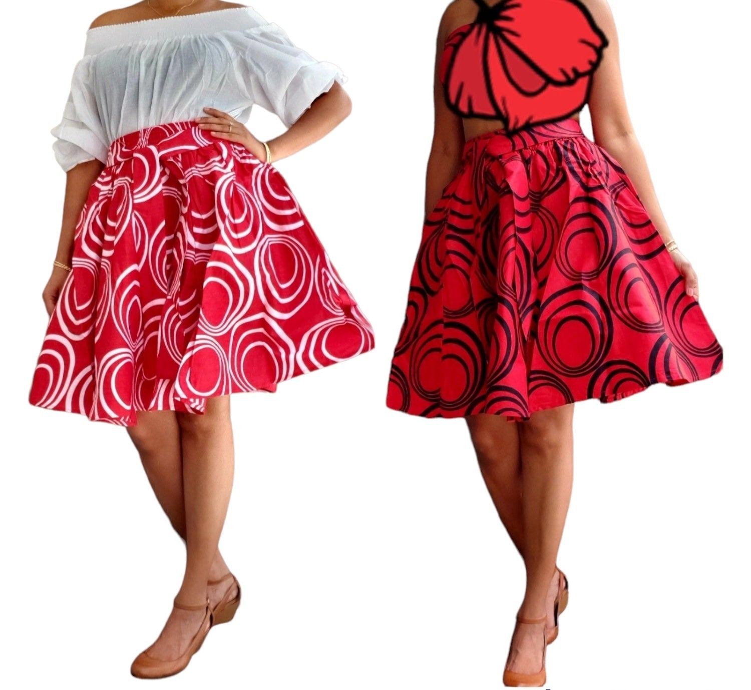 #7008 Short Printed Skirt- Red/White