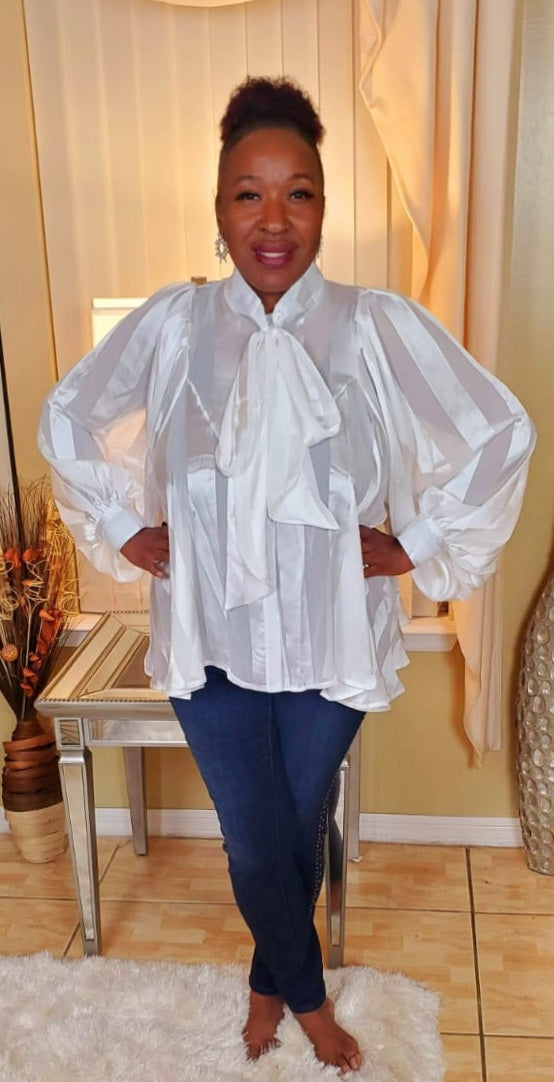 Women Bow Blouse/ Long Puff Sleeves/ White