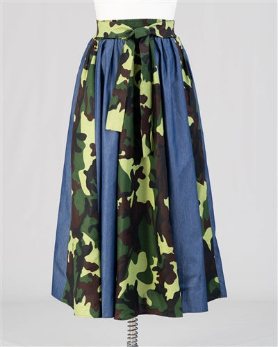 Women Long Denim / Camouflage Panel Skirt - 7002